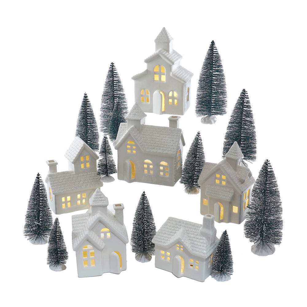 Kurt S. Adler 3 - 7.7-Inch Lighted Porcelain House 24-Piece Set in
