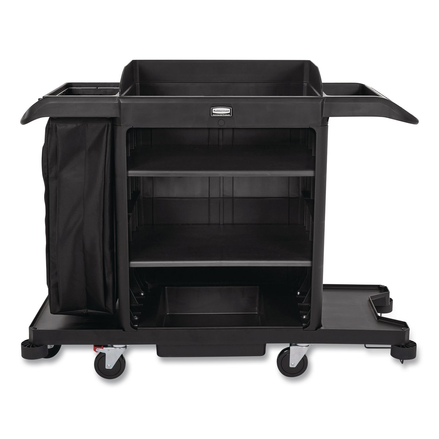 Rubbermaid Commercial Products Full-Size Housekeeping Cart Plastic 3 Shelves 1 Bin 24.4 x 62.4 x 49 Black