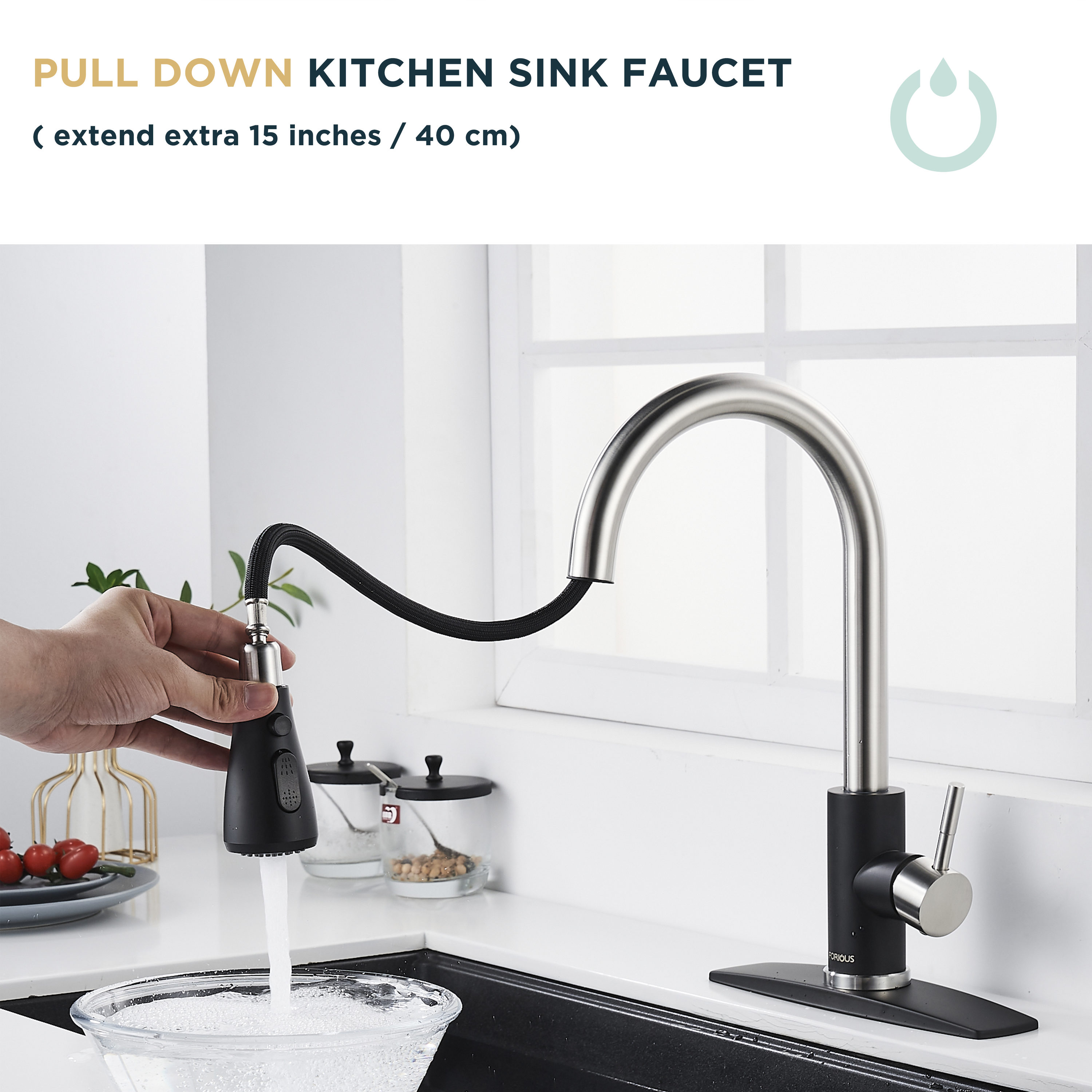 FORIOUS Kitchen Faucet Black With Brushed Nickel Single Handle Pull ...