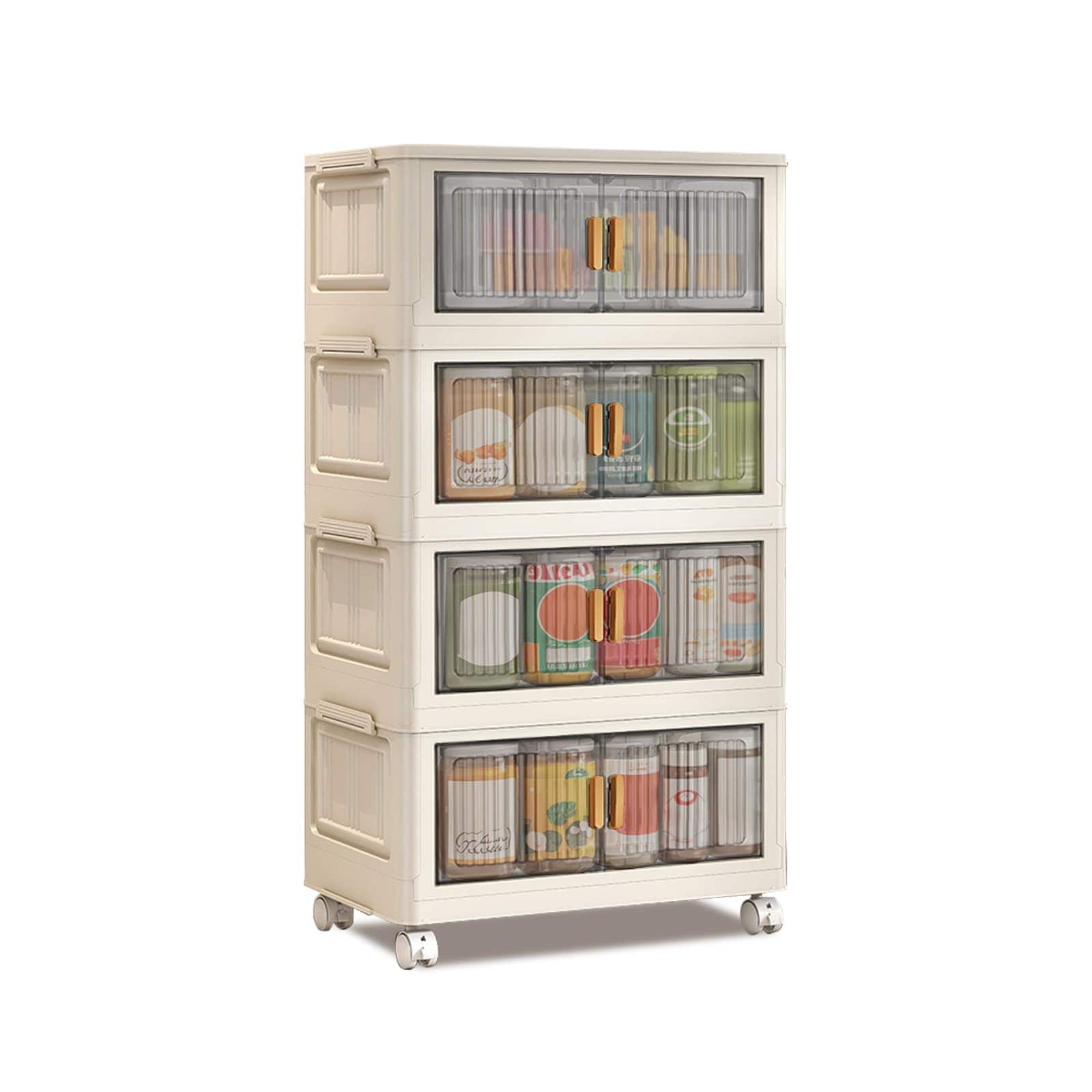 WhizMax 1GGL-PTH-334WMCG8 4 Tier Stackable Plastic Storage Bins  84QT x 4 Foldable Storage Bins with Wheels Closet Organizers and Storage Double Door for Home Office Dorm Bedroom Living Room White