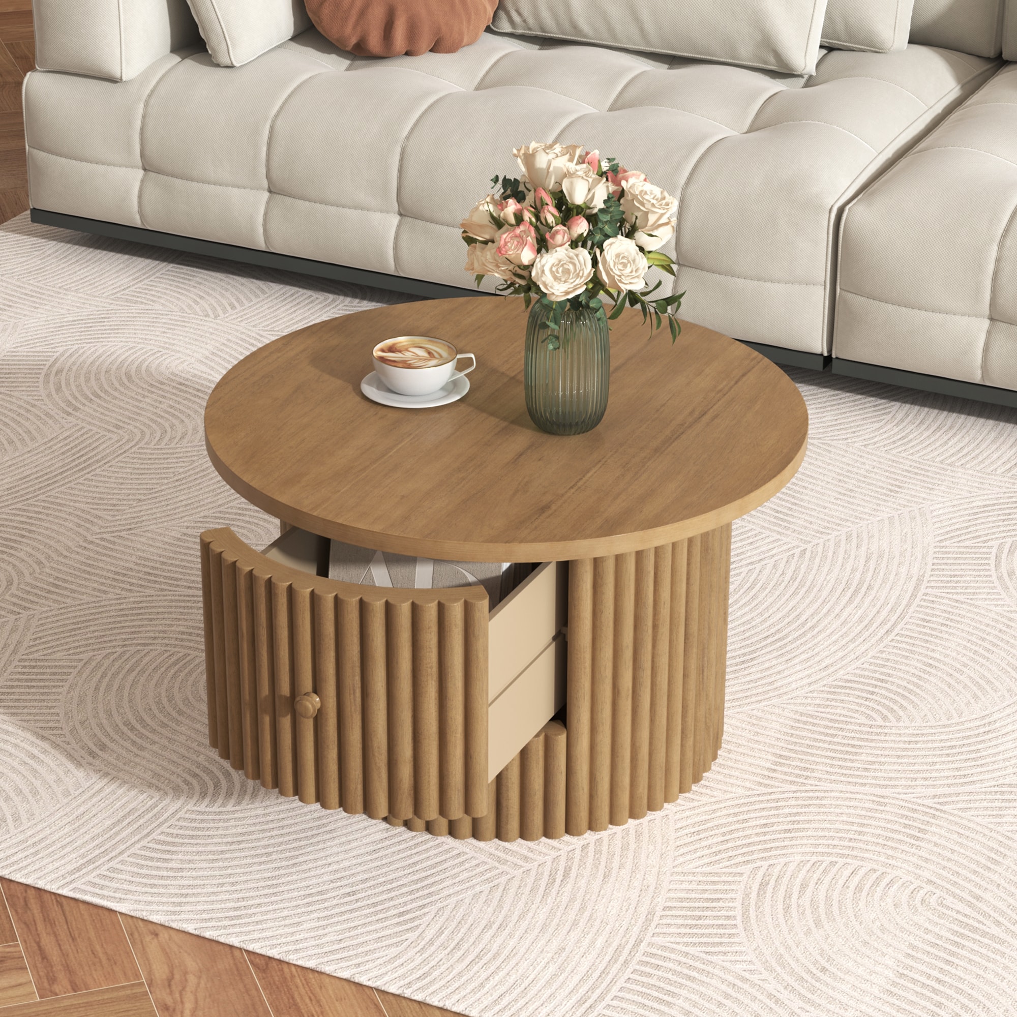 ModernLuxe L3P-N735P242922N Round Coffee Table for Living Room in Natural Farmhouse Coffee Table with a Drawer  Center Table with Vertical Slat Base in 30.5inch