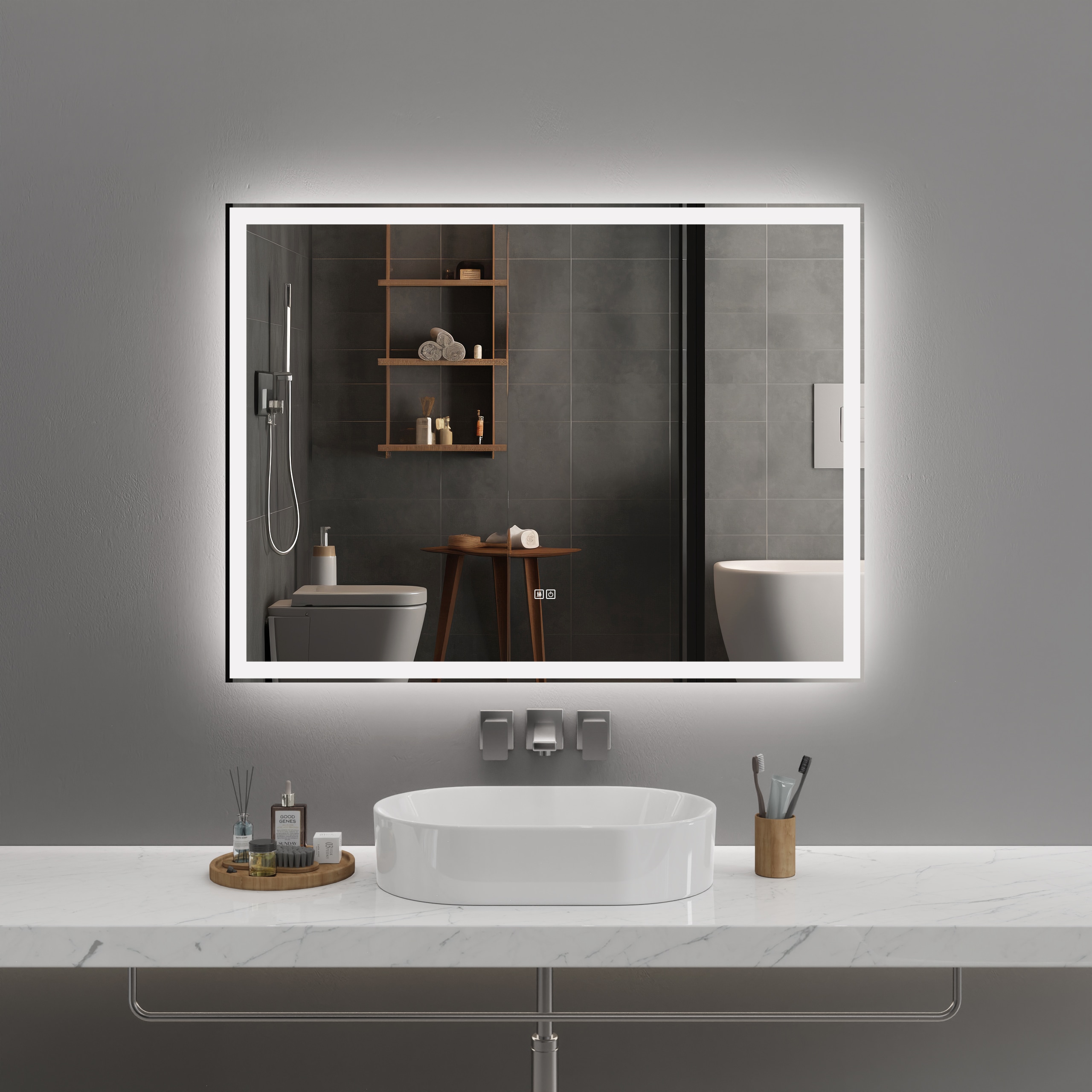 WELLFOR GIS3177P284026 48-in x 36-in Framed Rectangle Dimmable LED Lighted Fog Free Bathroom Vanity Mirror ( Silver )