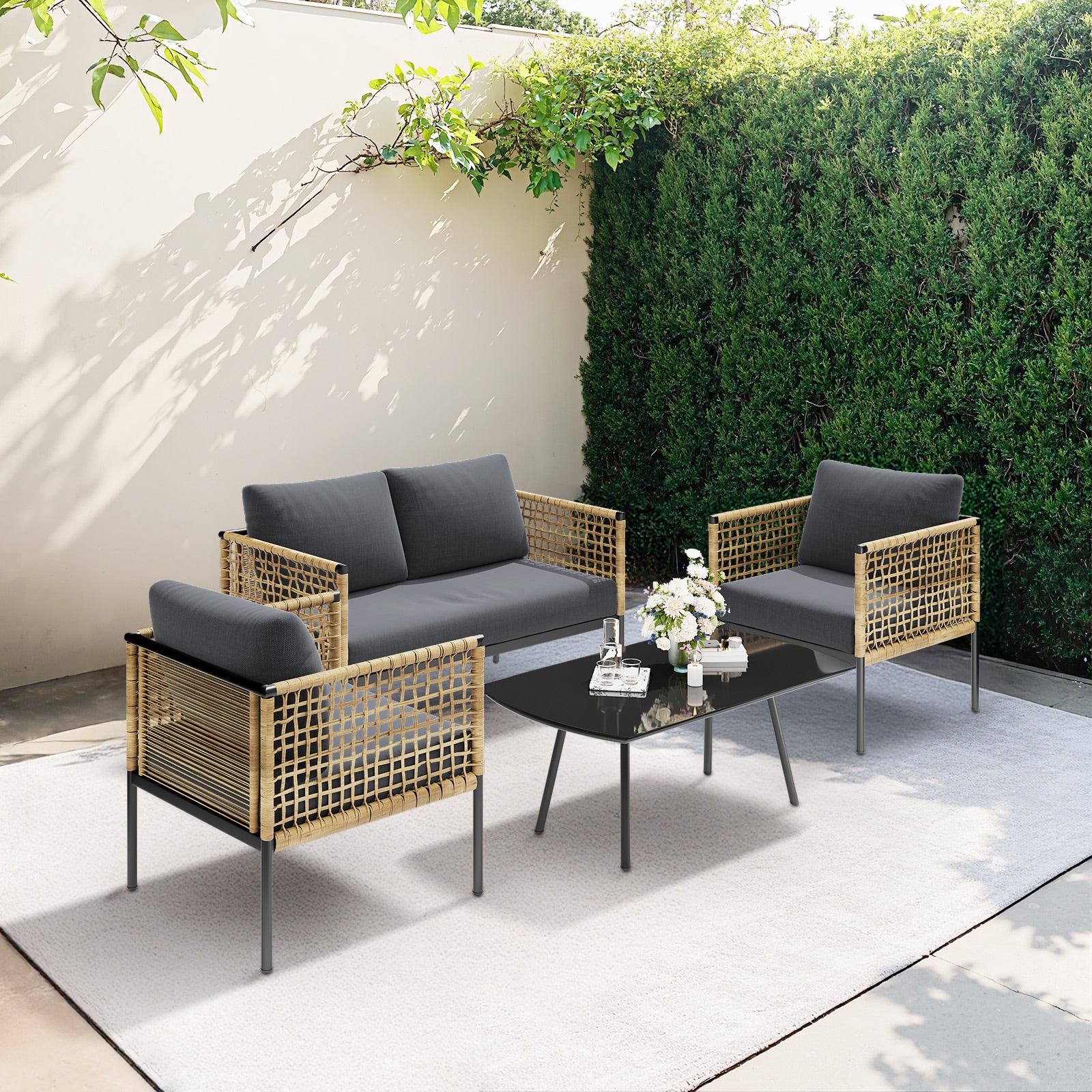 JEAREY SWYTSF04-BJ-GY 4 Piece Patio Sofa Set with Coffee Table 4 -Piece Rattan Patio Conversation Set with Gray Cushions