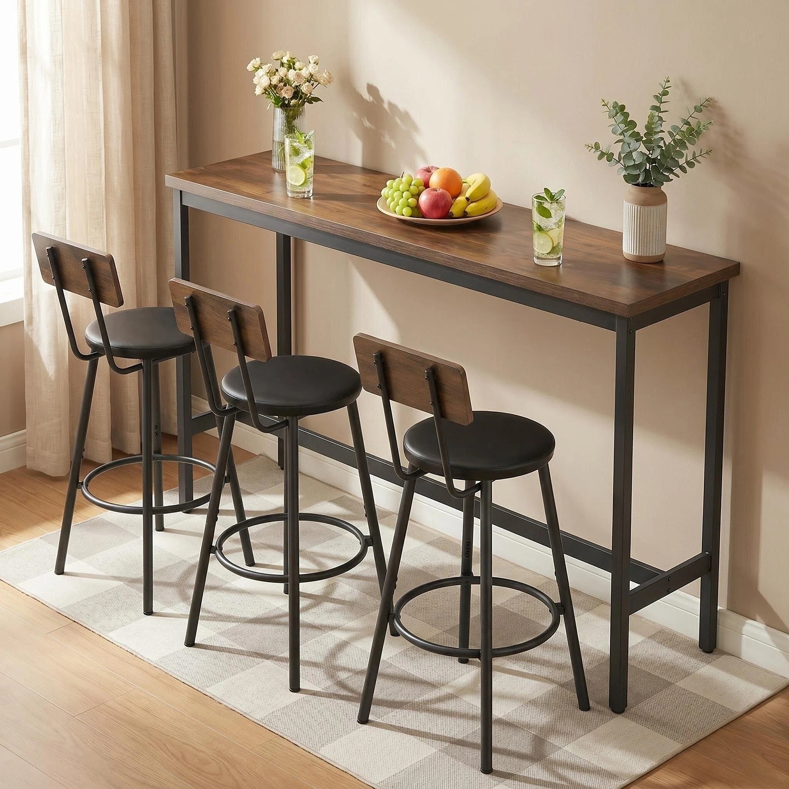 Horizons Prime - 4 Piece Rustic Brown MDF and Metal Bar Table and Chairs Set with 3 PU Upholstere...