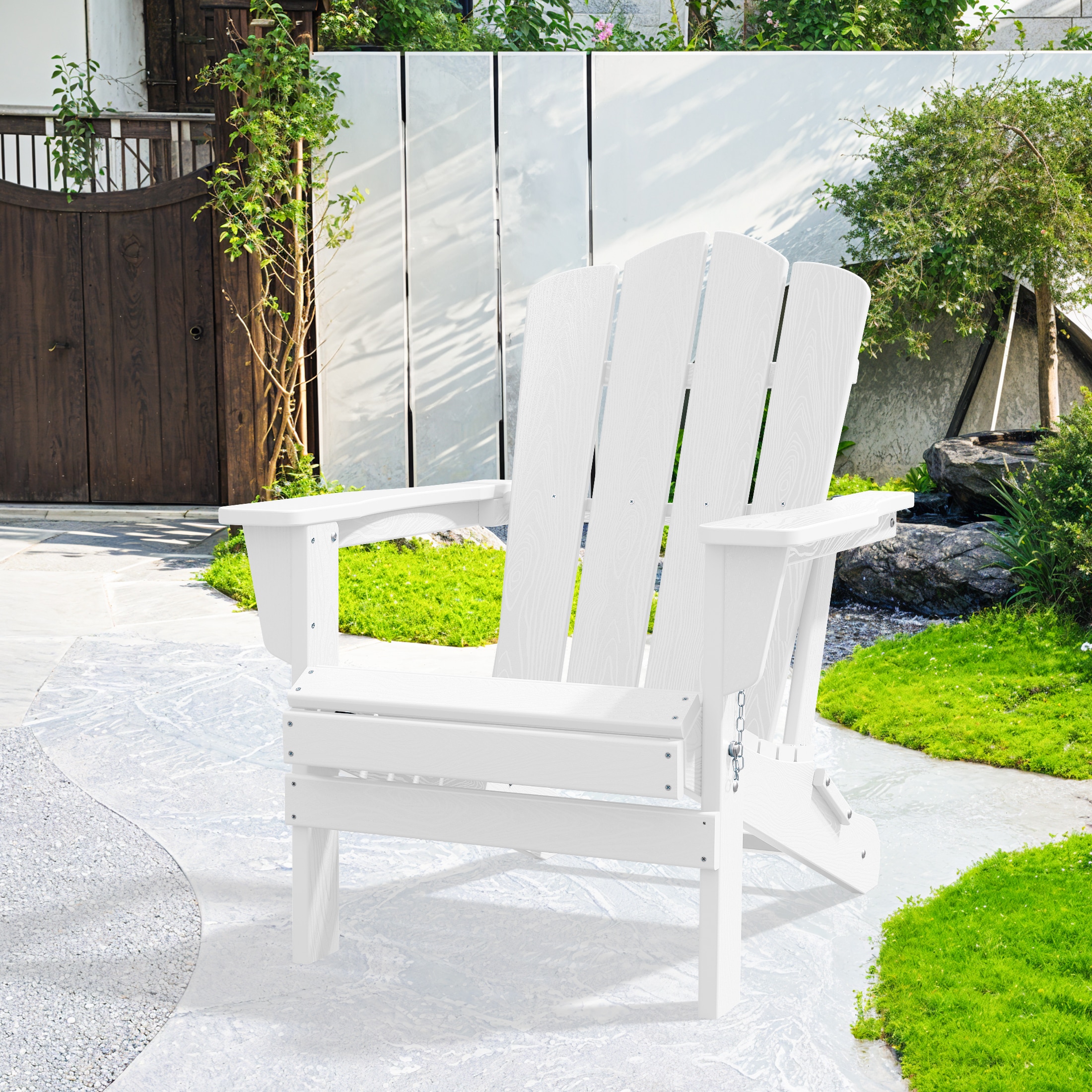 VOUA DWTJY-WE HDPE Folding Adjustable Adirondack Chair Stackable White HDPE Frame Stationary Adirondack Chair with Slat Seat