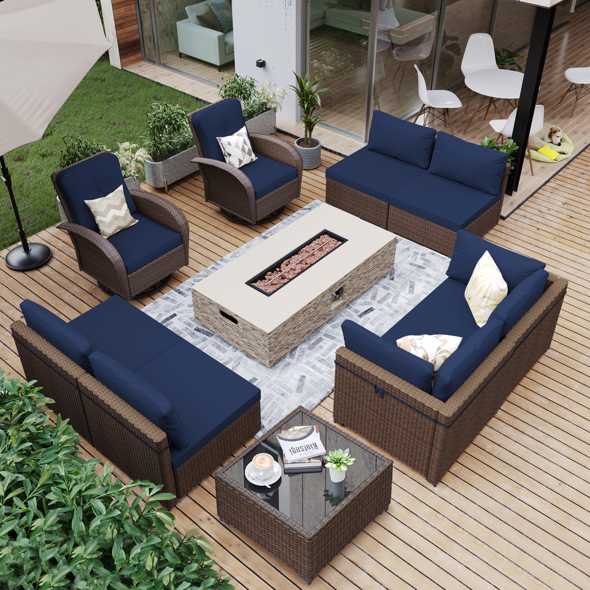 UPHA PL-2CZY11-56HBE-Z2 10-Piece Brown Wicker Conversation Set with 56 in. Beige Gas Propane Concrete Fire Pit Table and Swivel Chairs, Navy Blue Cushions 10 -Piece Wicker 4 Patio Sofa Conversation Set with Navy Cushions