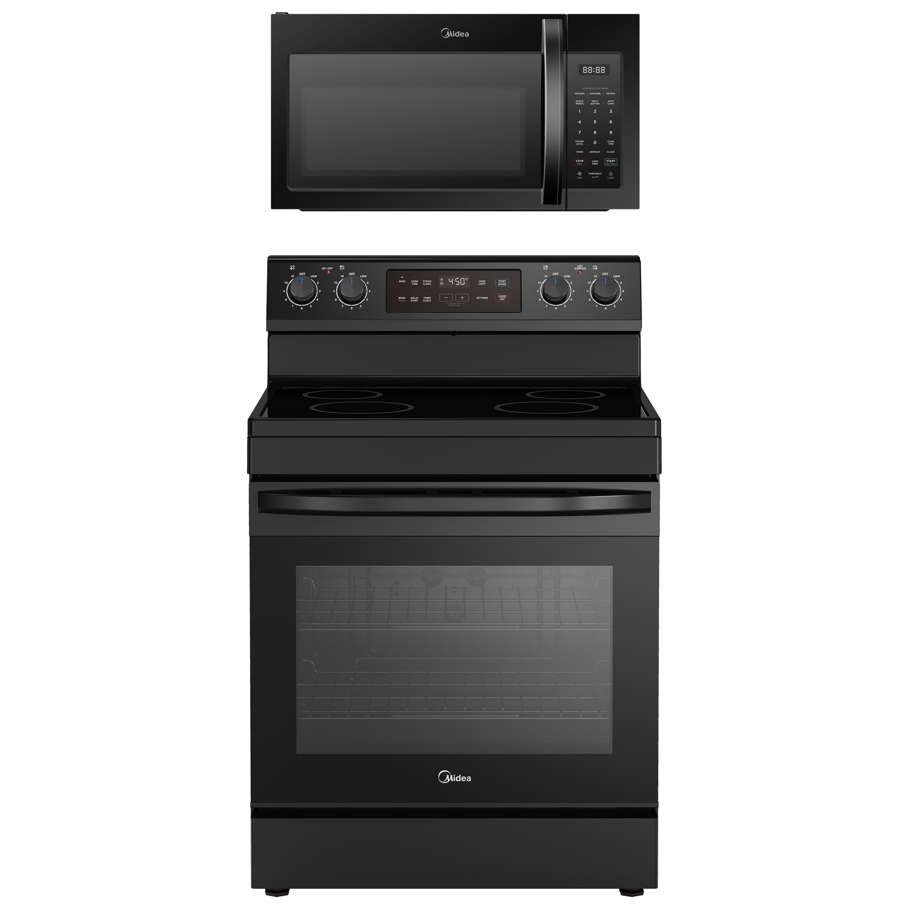 Midea  Midea 30-in Glass Top 4 Burners 6.3-cu ft Steam Cleaning Freestanding Electric Range with 1.7-cu ft 1000-Watt 29.88-in Over-the-Range Microwave (Black)