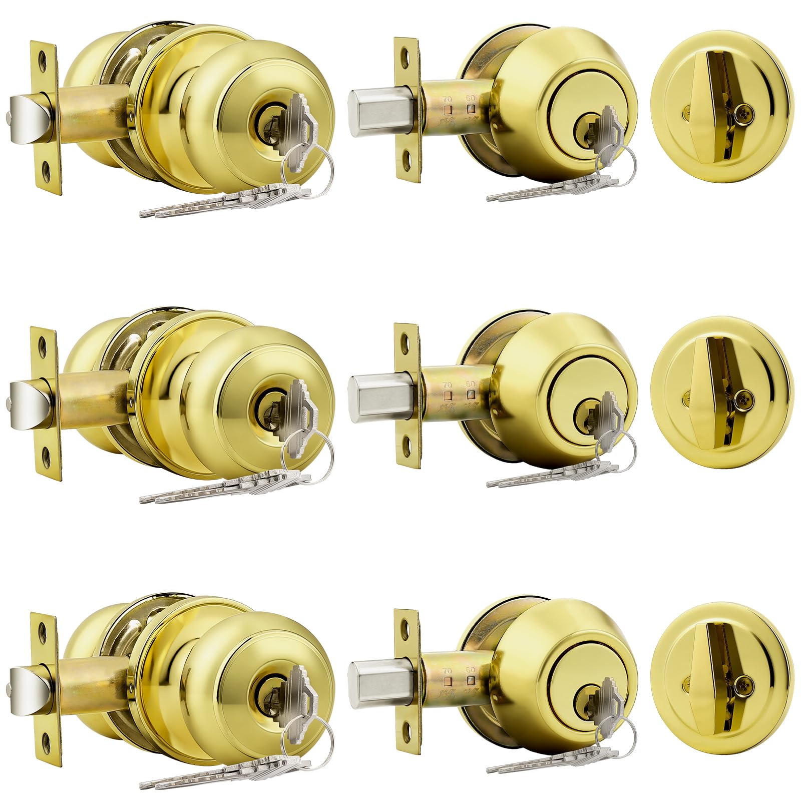 SenQWFa Polished Brass Door Knob and Single Cylinder Deadbolt Lock Set Keyed Alike Reversible for Exterior Doors 3 Pack durable #LDC0819C041