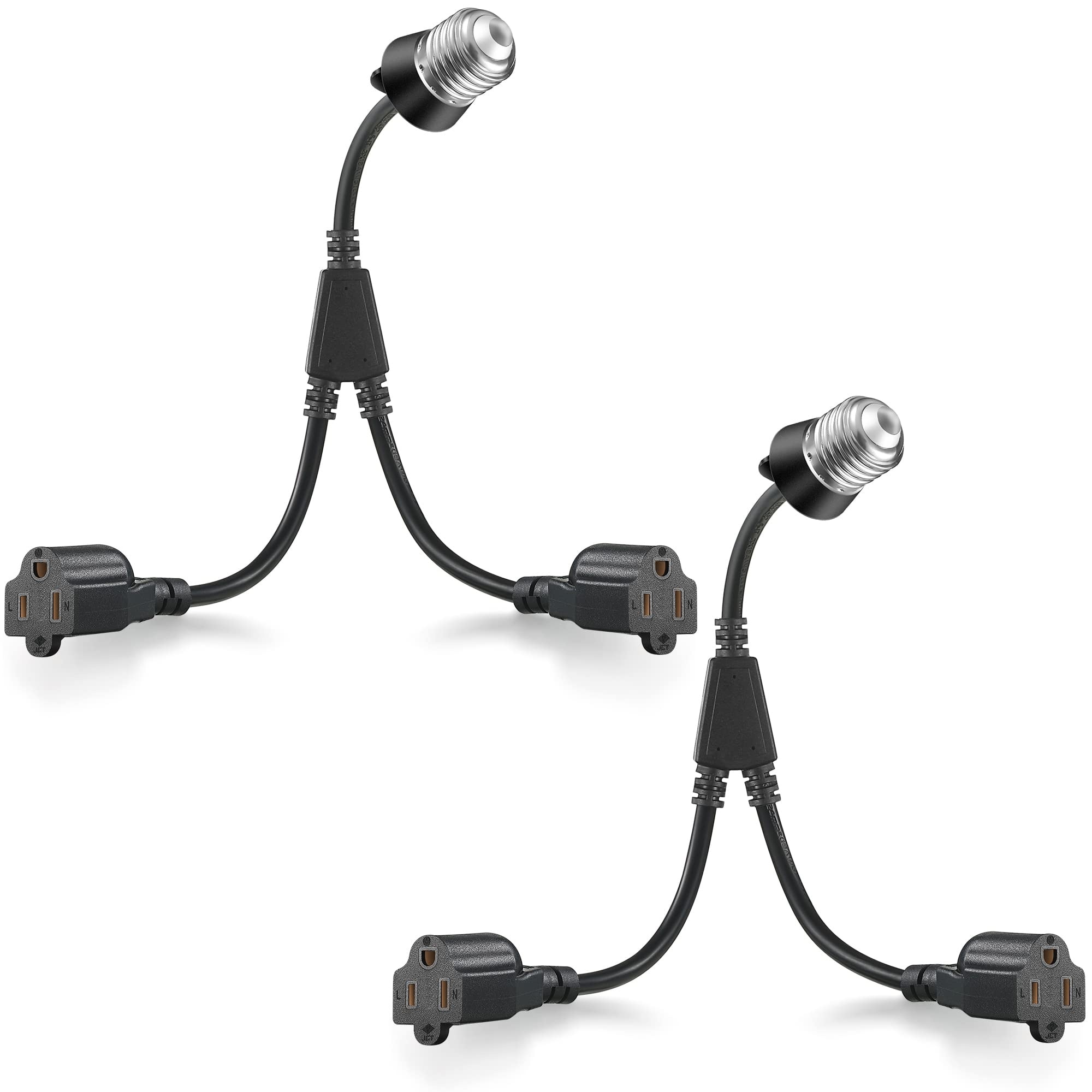 Misopily  2 pcs 2 in 1 E26 E27 Light Socket to Plug Adapter with Extension Cord Converts Light Bulb Socket to Dual 3 Prong Outlet for Garage Patio