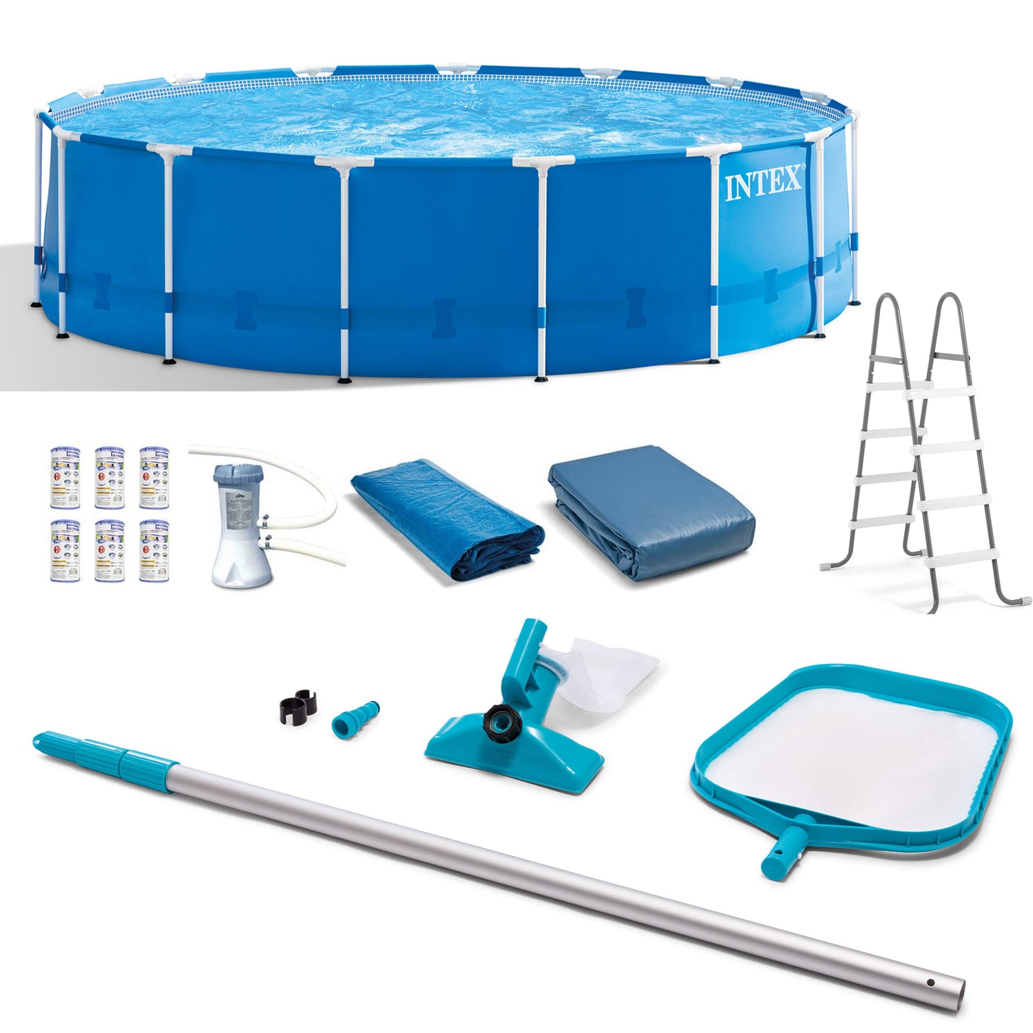 Intex 114886 15-ft x 15-ft x 48-in Metal Frame Round Above-Ground Pool with Filter Pump,Ground Cloth,Pool Cover and Ladder