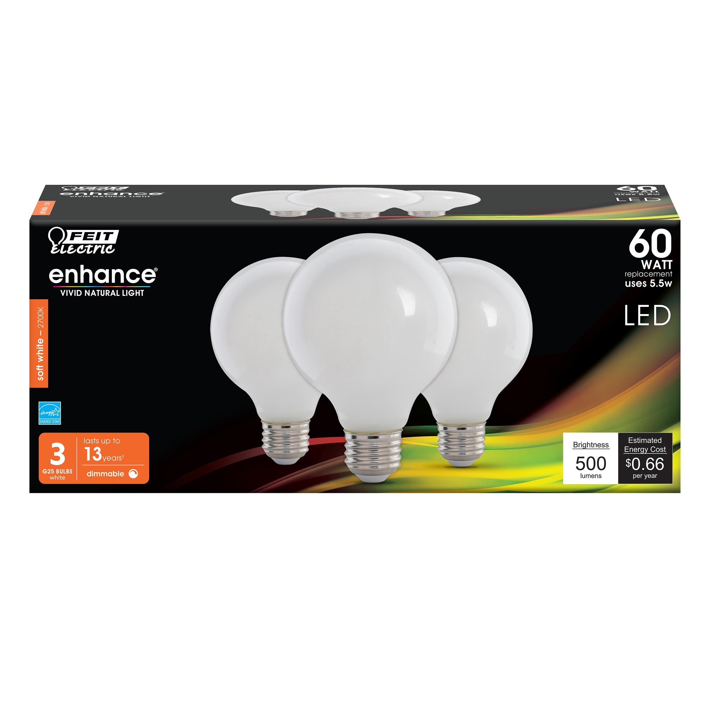 Feit Electric G2560W927CA/FIL/3/RP LED FILAMENT 5.5 -Watt EQ G25 Soft white E26 Dimmable LED General purpose Light Bulb 3 -Pack