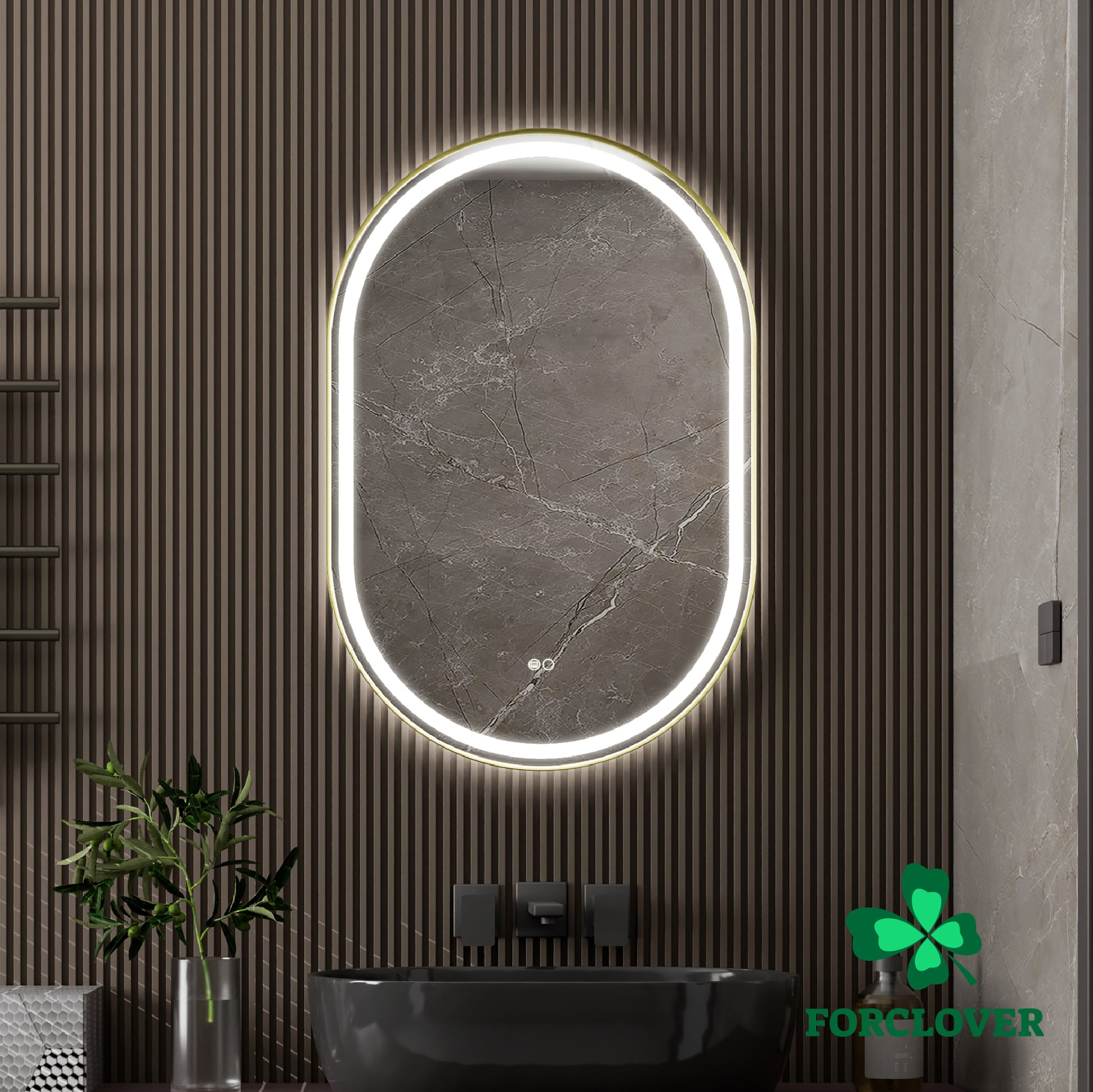 Forclover ALF-16W2436R 24-Inches x 36-Inches Framed Oval Dimmable Lighted Fog Free Bathroom Vanity Mirror ( Golden )