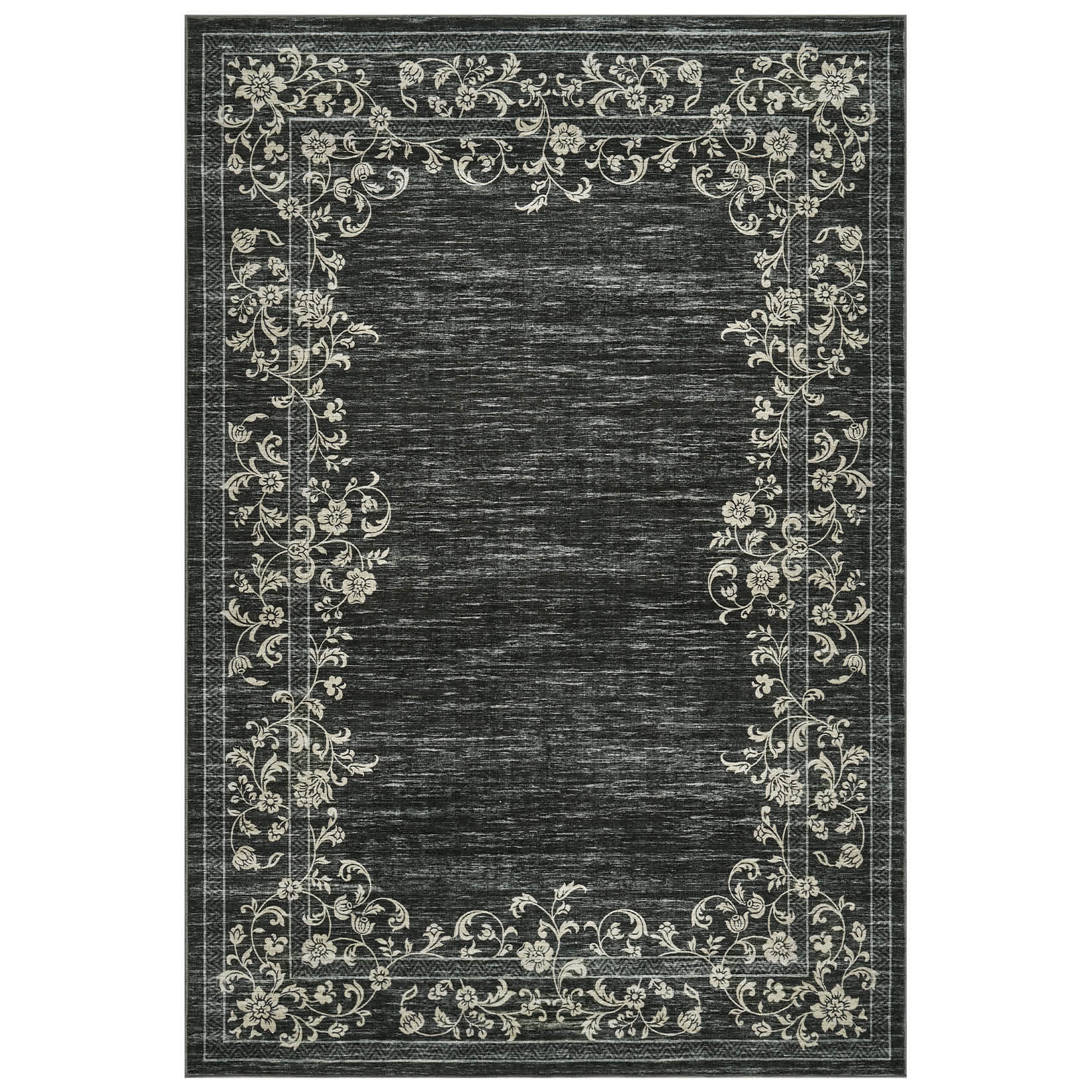 Qeetex LSN-PHK-33MCVR6R 5 x 7 ft Polyester Cashmere Imitation Black Rectangular Hallway Bathroom Entryway Kitchen Office Foldable Flower Printed Modern Washable Area Rug
