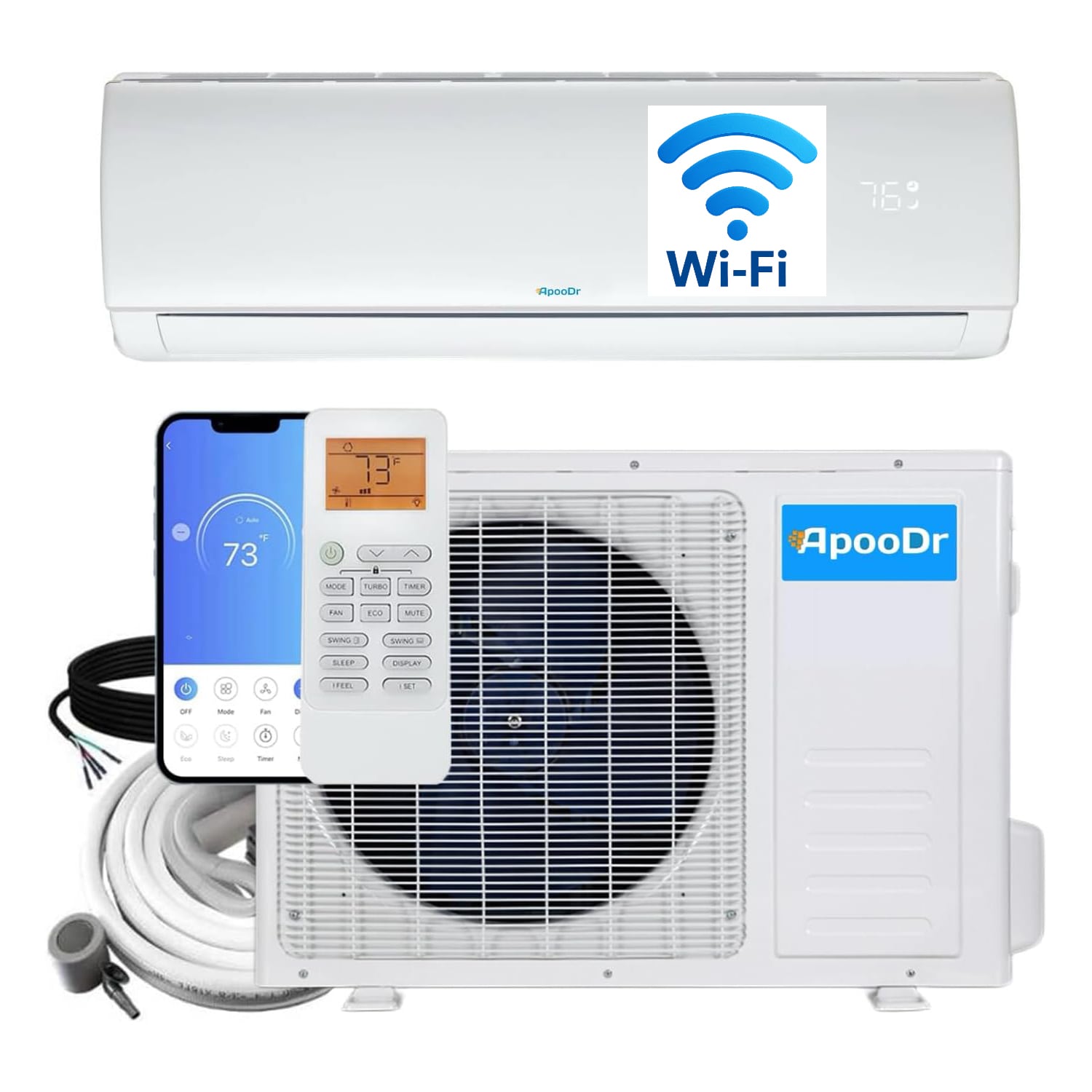 ApooDr AES19-09H220V1B AES Series Wi-Fi 1 zone 9000-BTU Ductless Mini Split Air Conditioner Heat Pump Included with 16-ft Line Set 230-Volt