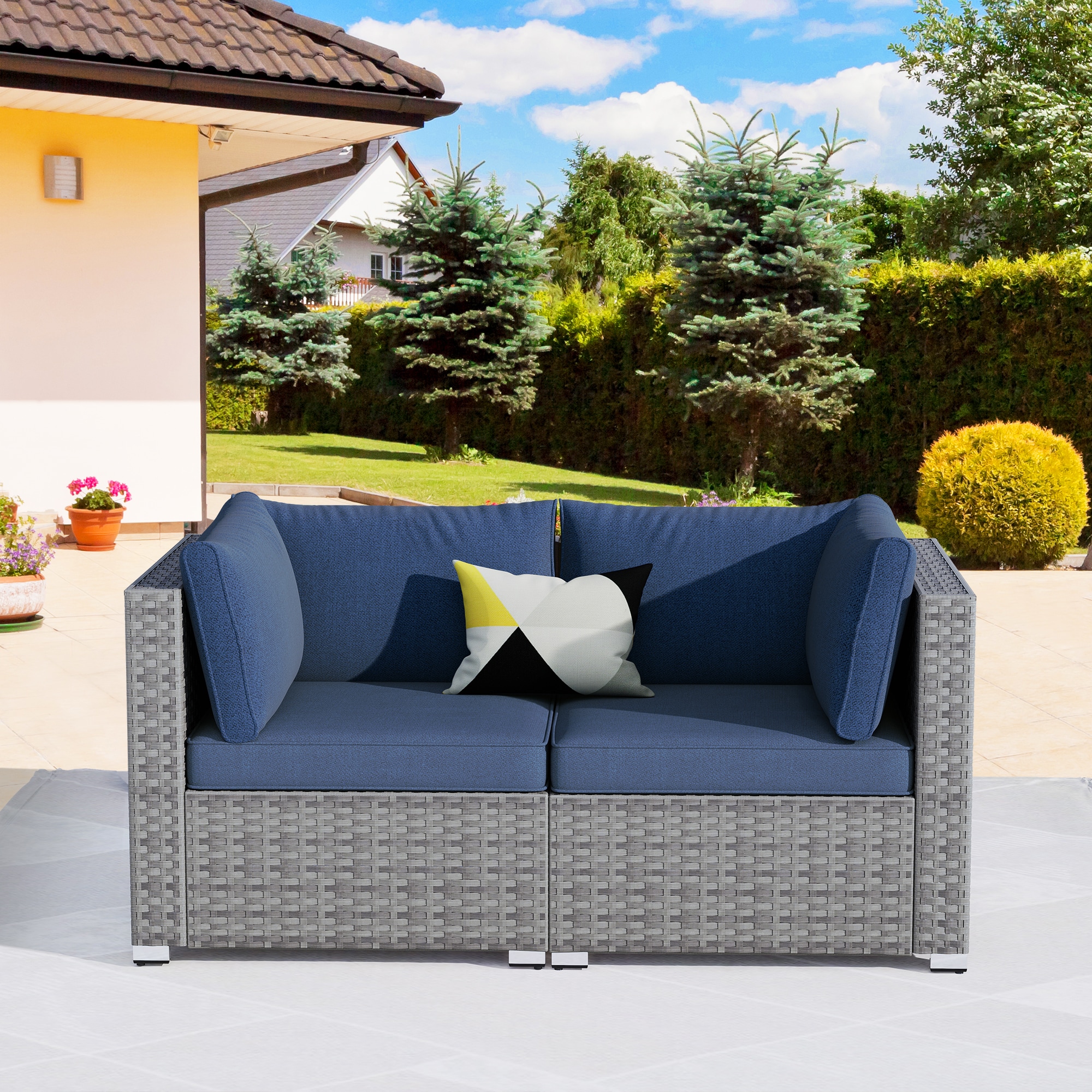 XIZZI RRS300-1 Sunrise Wicker Denim Blue Cushion Metal Frame Stationary Balcony Chair with Blue Cushioned Seat
