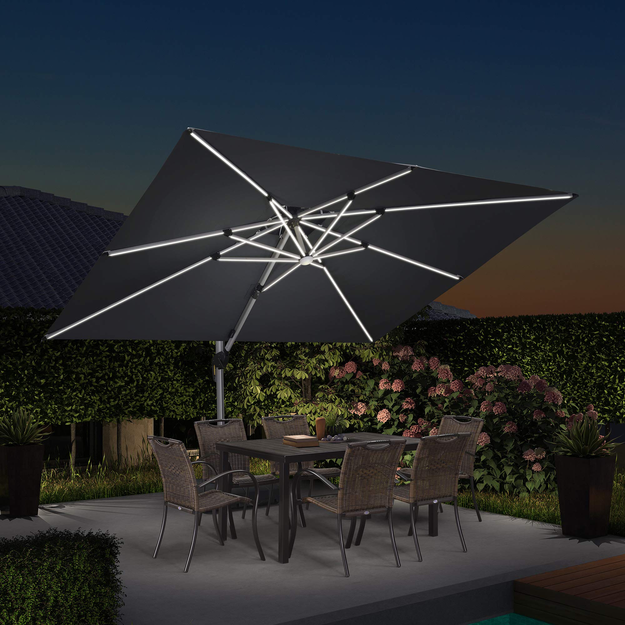 PURPLE LEAF LSGLRRCDT0912-GY 9-ft Aluminum Gray Crank Cantilever Patio Umbrella with Lights and