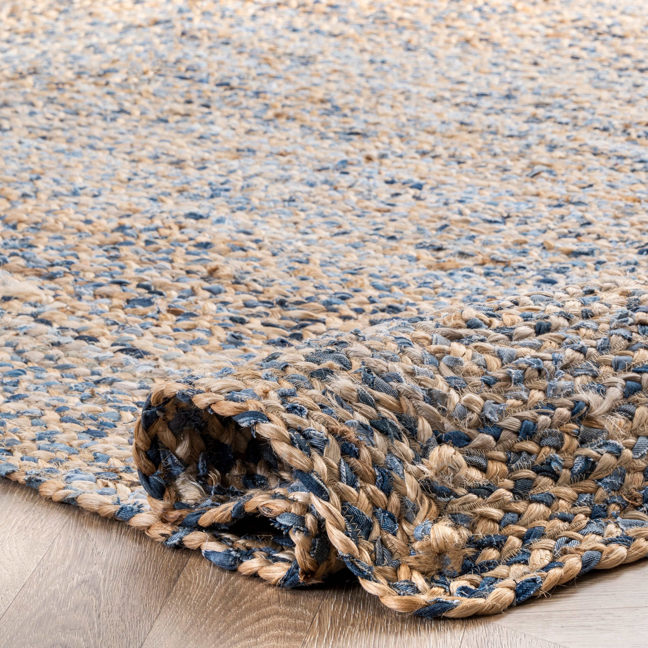 Handmade Blue and Beige Braided Cotton Rectangular Rug