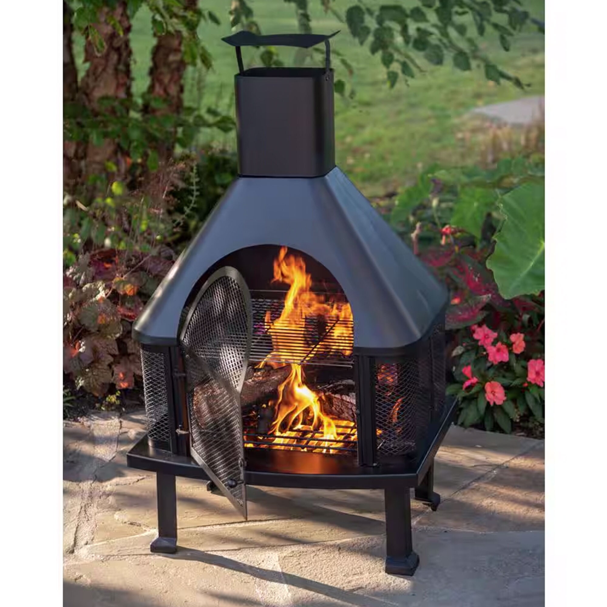 Black Steel Free-Standing Wood Burning Chimenea Fire Pit