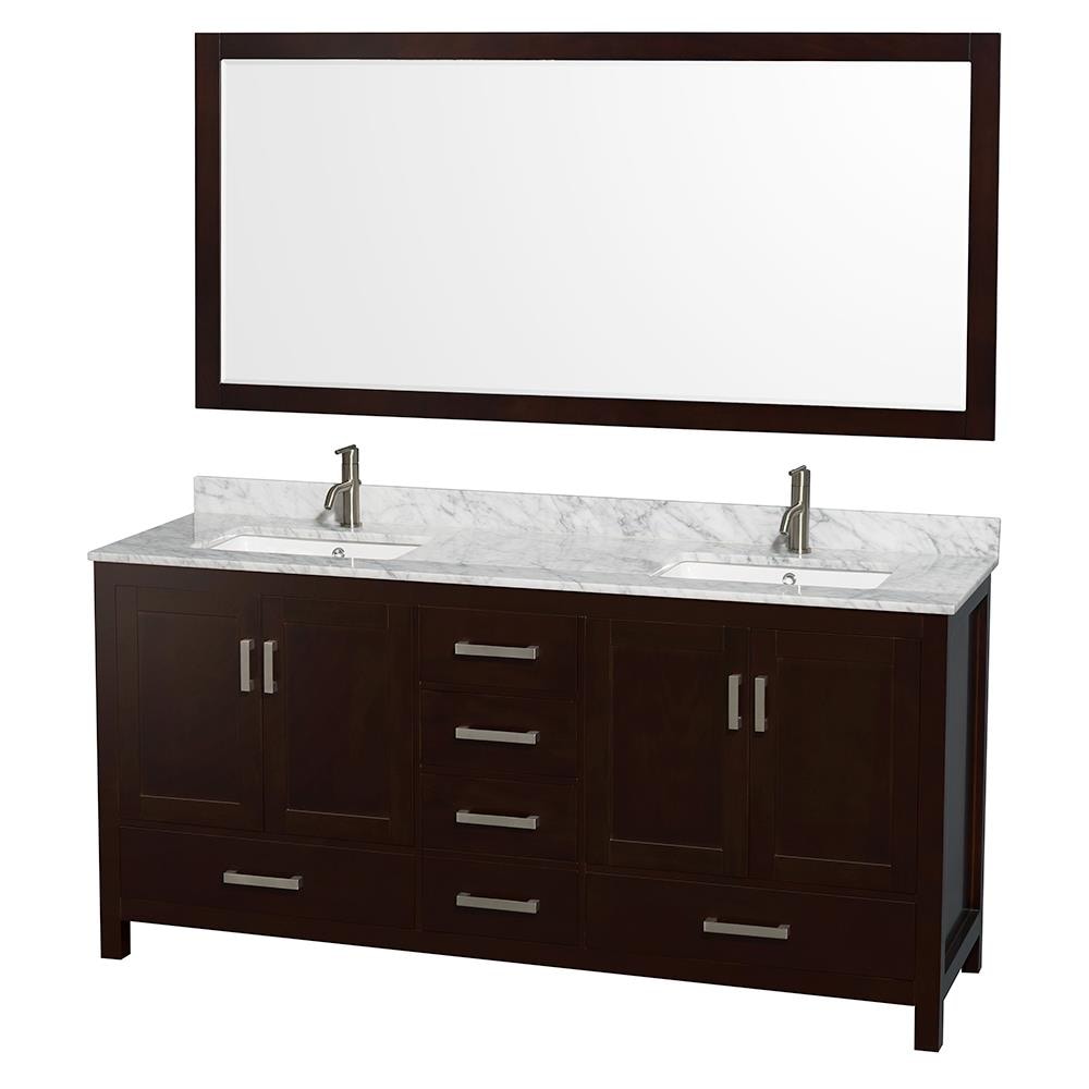 Wyndham Collection WCS141472DESCMUNSM70 Sheffield 72-in Espresso with Brushed Chrome Trim Undermount Double Sink Bathroom Vanity with White Carrera Natural Marble Top (Mirror Included)