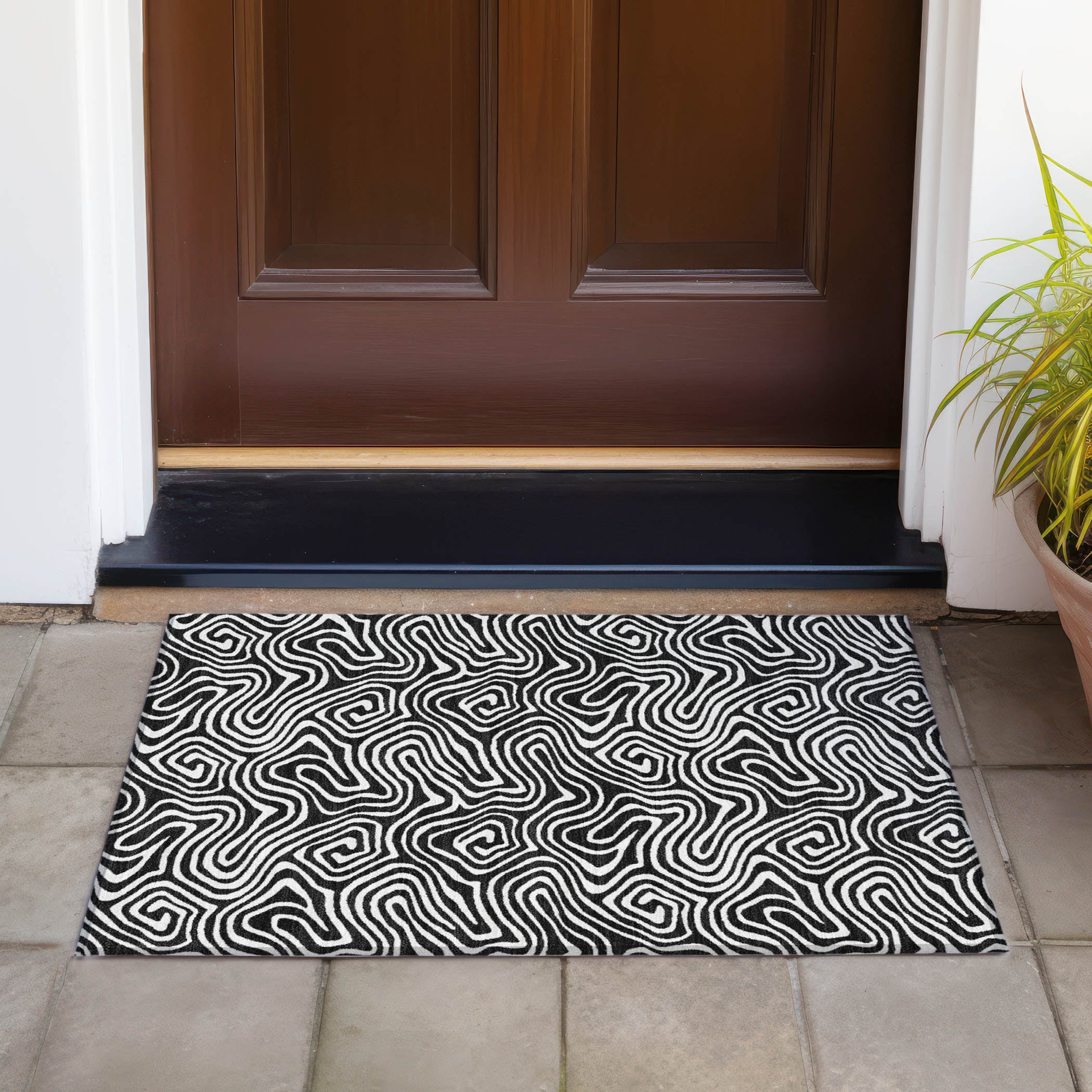 Black and White Flat Woven Synthetic Rectangular Rug