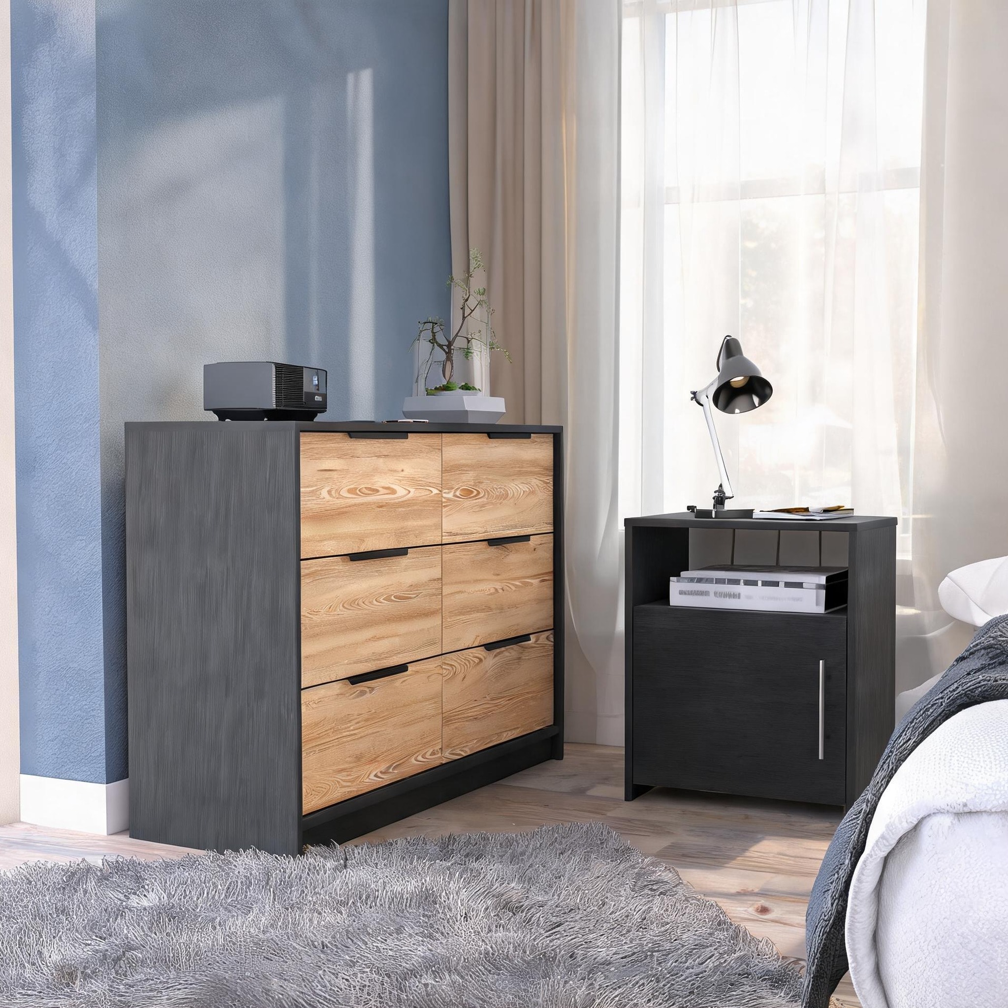 Watnature Particle Board Bedroom Set in Matte Black 2-Piece Dresser and Nightstand for Minimalist Sleep Spaces