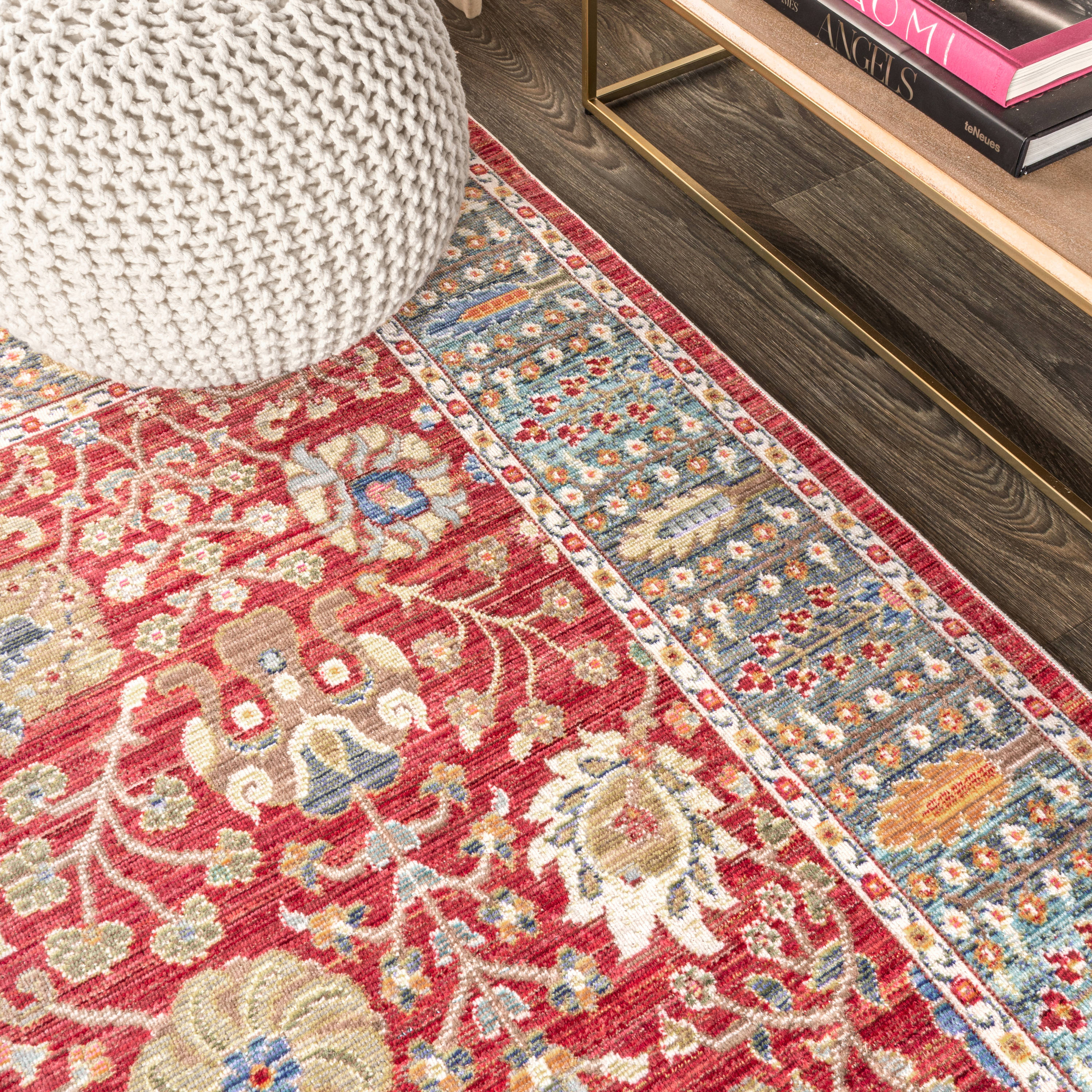 Burgundy and Light Blue Synthetic Floral Area Rug