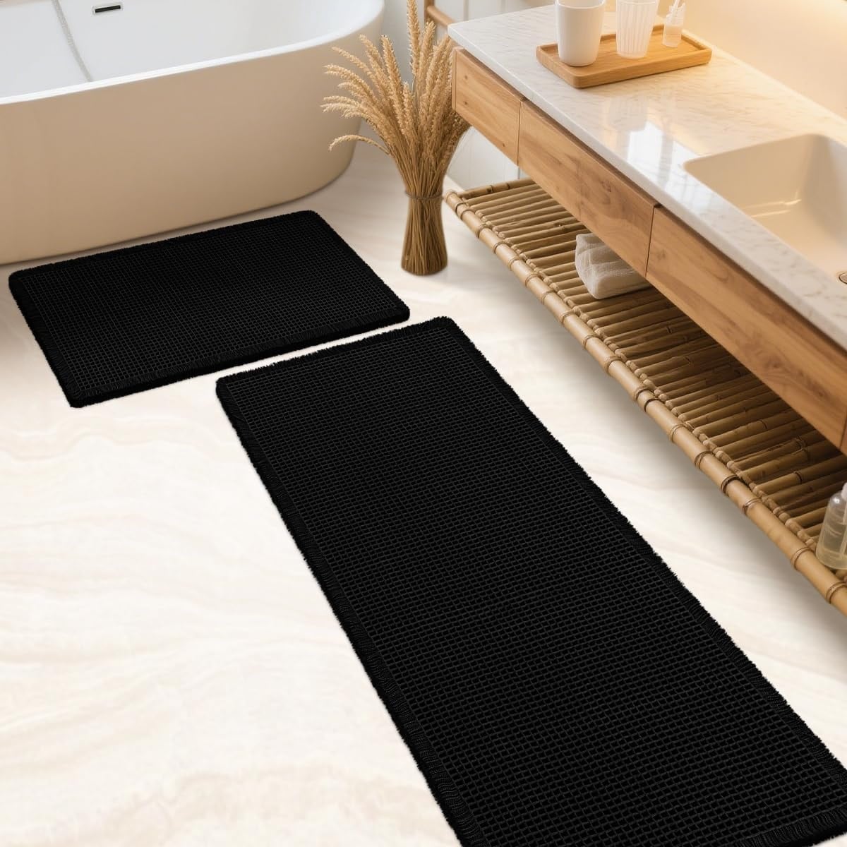 Phewnyzo  Waffle Bath Mat Set 2 Piece Black Absorbent Non Slip Soft Washable Boho Rug with Tassels for Bathroom Bedroom Kitchen Tub Modern Design