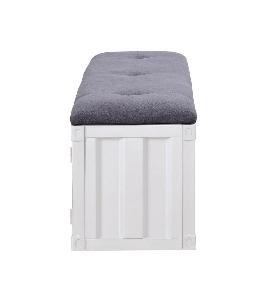 Modern Industrial Gray Fabric & White Metal Storage Bench