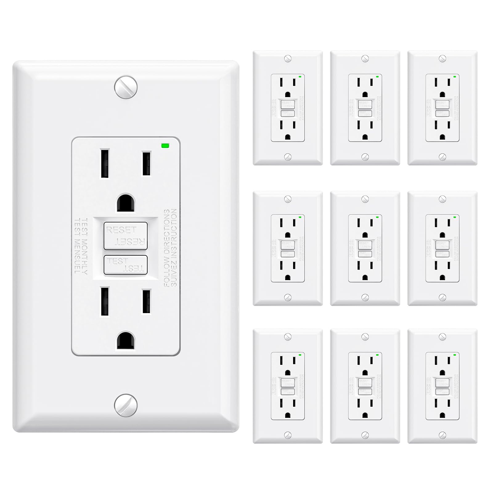 Oyezvary  GFCI Outlet 15 Amp Self Test Electrical Outlet with Narrow Design LED Indicator UL Listed Wall Plate Included 10 Pack