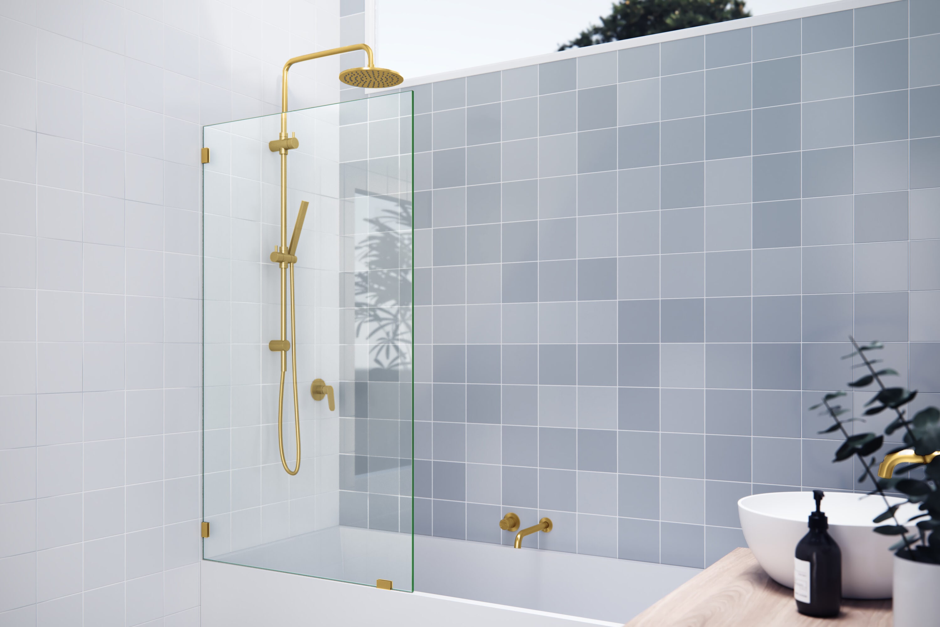 Glass Warehouse GW-BF-33.5-SB Satin Brass 33-1/2-in W x 58.25-in H Frameless Fixed Bathtub door 3/8-in Thick Clear Glass