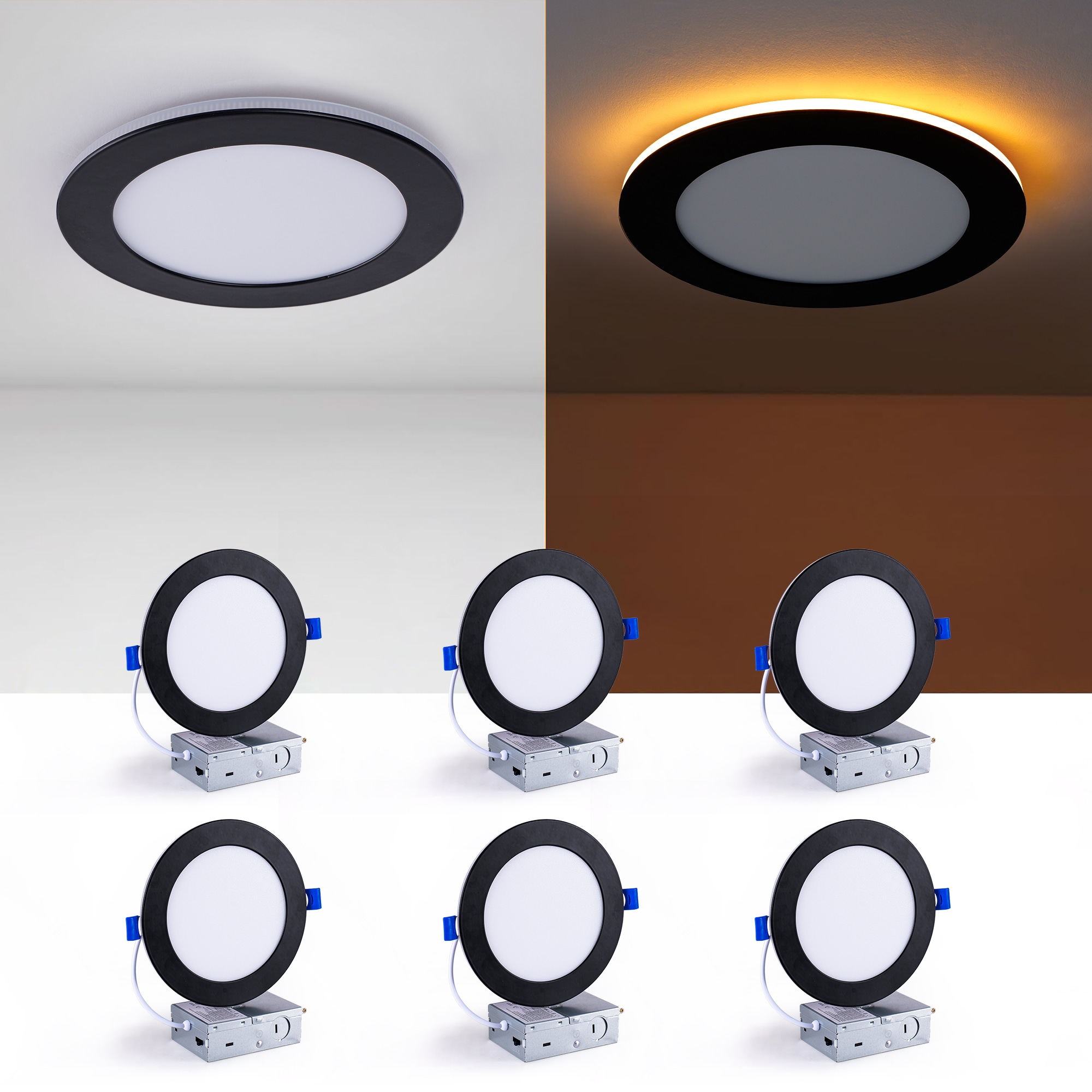 Bayfeve 6 Inch Black LED Canless Recessed Light with Night Light 6 Pack