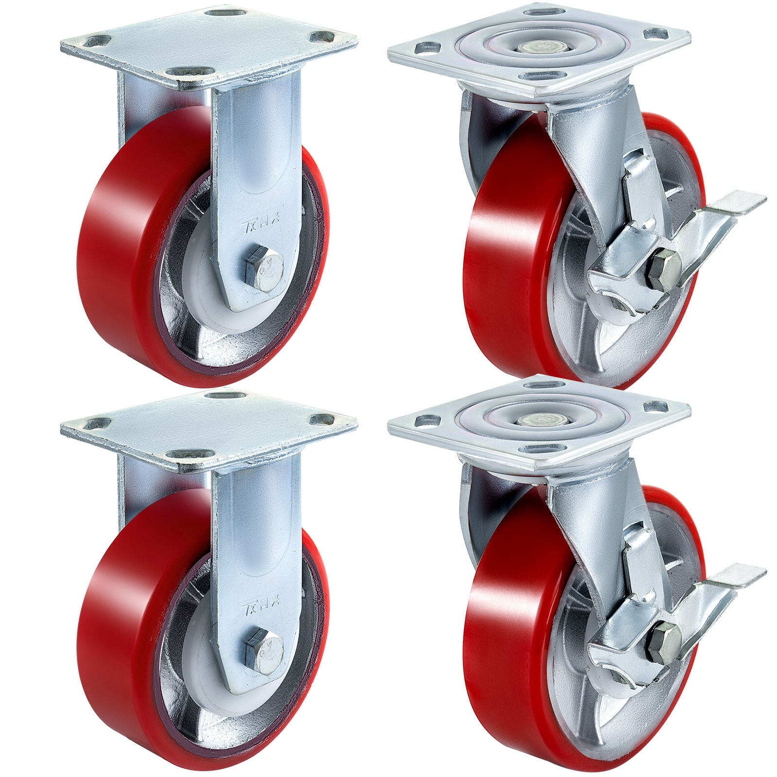 VEVOR SCJL6IN2WXPS01650V0 4 Pack 6 x 2 Inch Caster Wheels 2 Rigid and 2 Swivel Casters with Side Brake Polyurethane Iron Core Plate 1000LBS Capacity Per Wheel