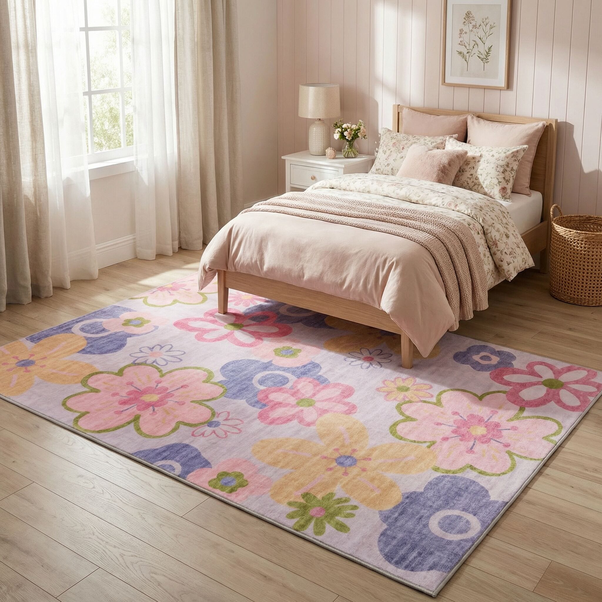 Rug Branch Bloom 5' x 8' Contemporary Pink and Purple Floral Kids Area ...