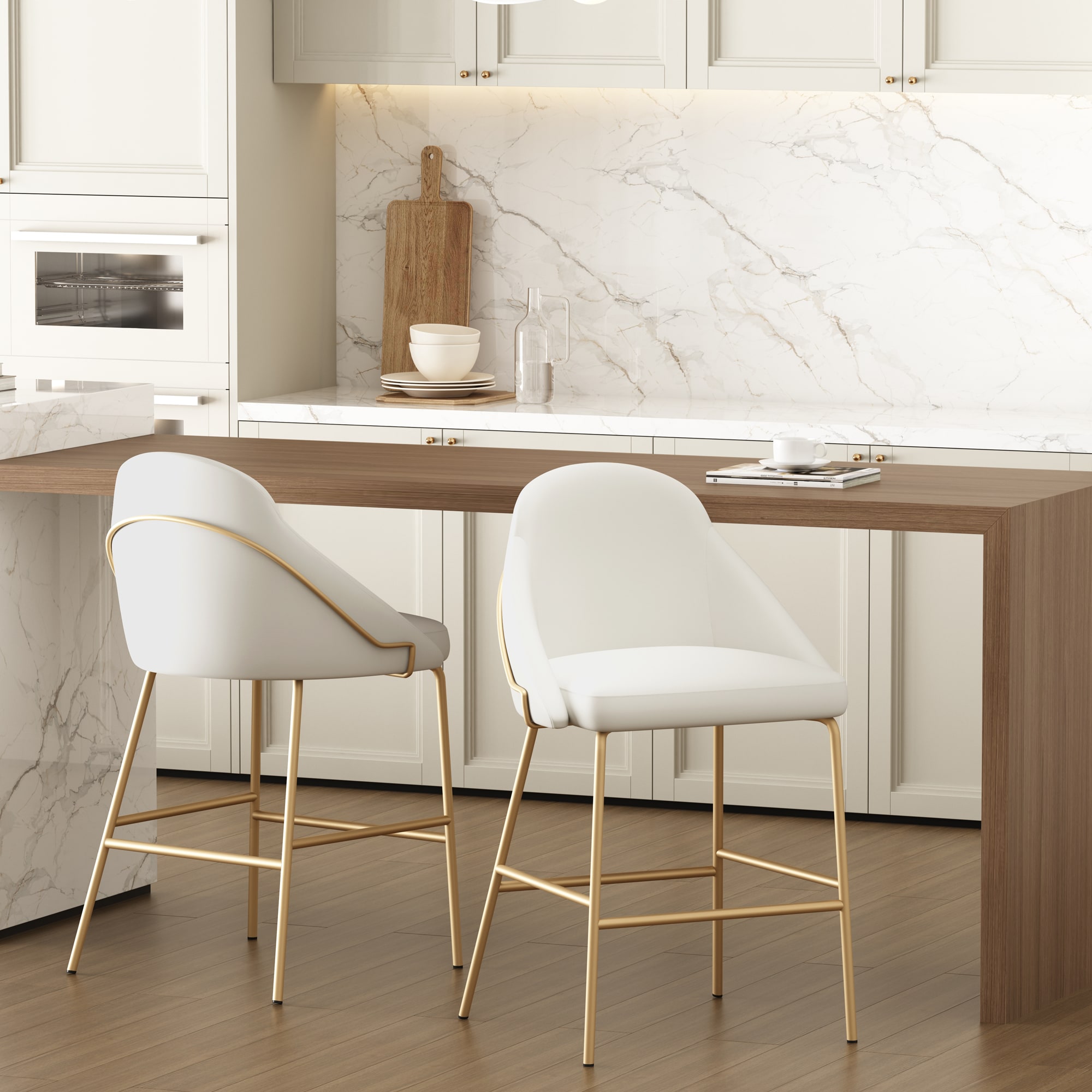 Manhattan Comfort 2-CS019-GWH Gracie 2 -Set White and Gold 26-in H Counter height Square seat Upholstered Metal Bar Stool and Back