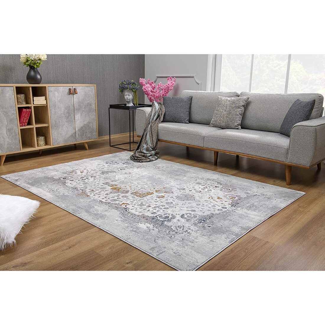 HomeRoots 4000391809 4 x 6 (ft) Polyester Grey Rectangular Indoor Medallion Area rug