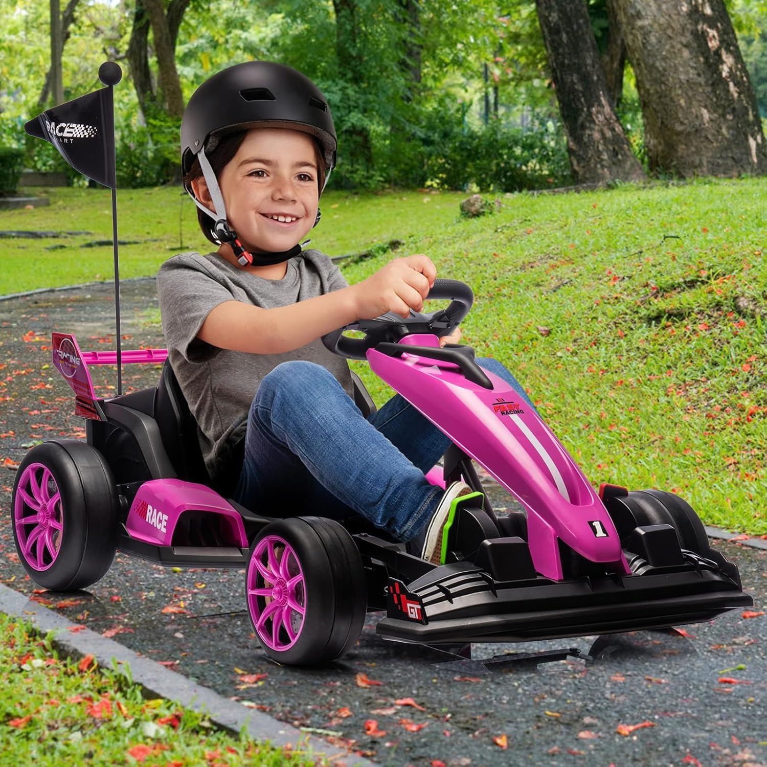 Qeetex LHF-TC-WQ591136 Ride On Go Kart for Kids 24V 7Ah Battery Two 200W Motors 8MPH Fast Drifting Circling Car Adjustable Seat Electric Ride Toy Max Load 135lbs Racing Toy for Kids 6+ Years (Pink Adjustable)