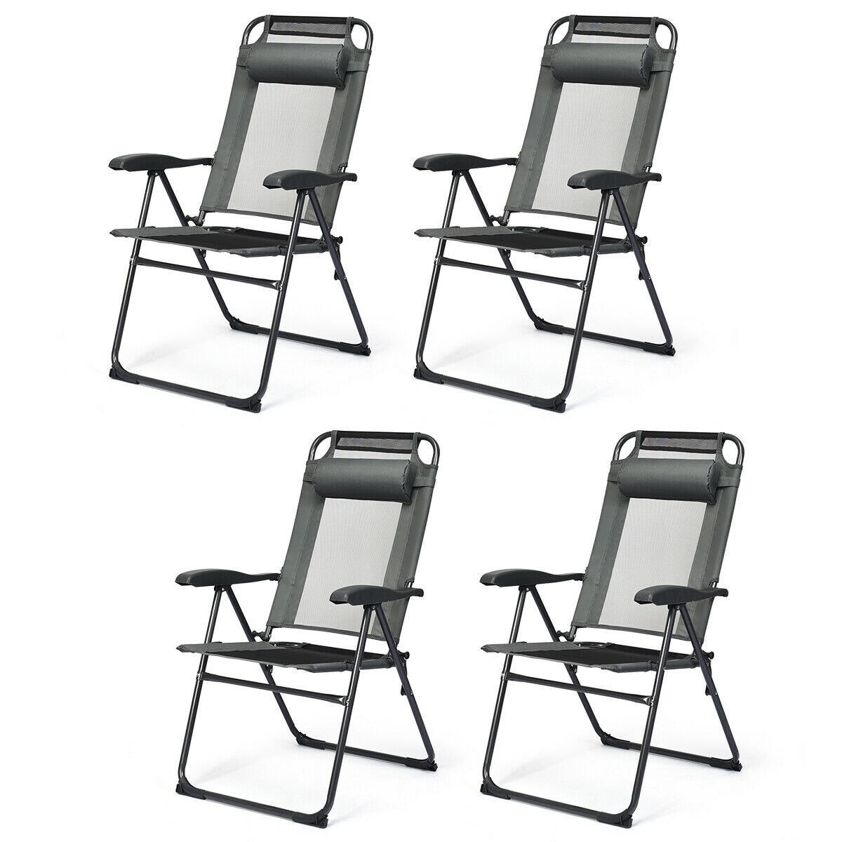 Costway OP70270GR-4 4PC Folding Chairs Adjustable Reclining Chairs with Headrest Patio Garden Grey