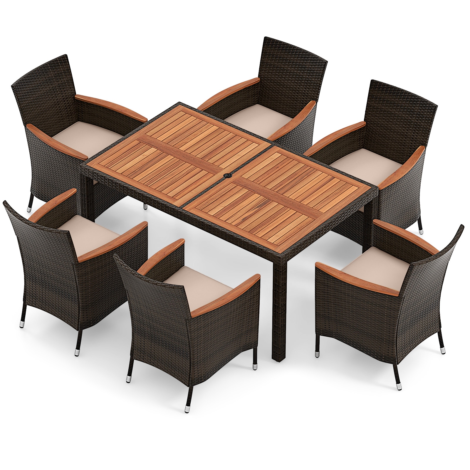 Poinic CWG71524-X Outdoor Dining Set 7 -Piece Mix Brown Rattan Patio Dining Set Wood Rectangle Table with 6 Brown Cushions Stationary Chairs