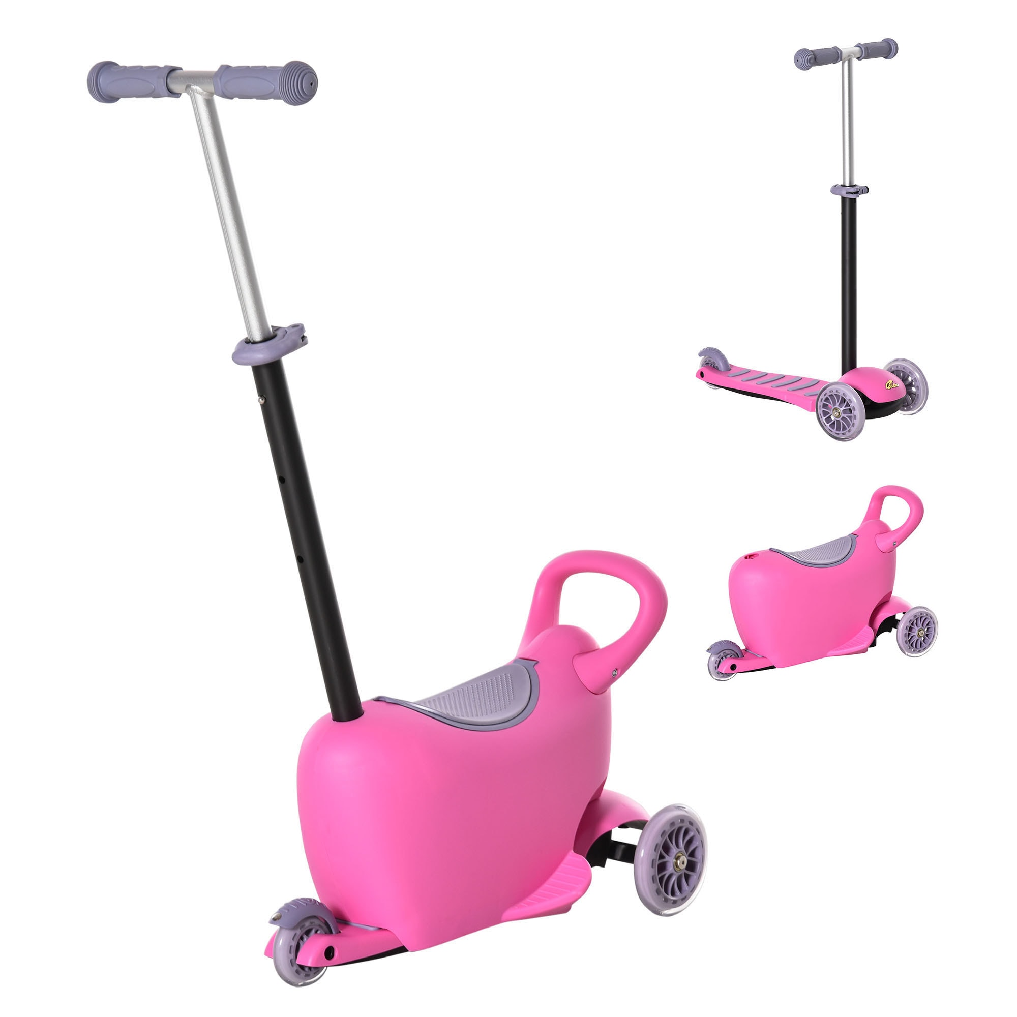 FAVSH 3-in-1 Ride On Push Car Kids Scooter Sliding Walker Push Rider with Adjustable Handlebar 3 Balanced Wheels Removable Storage Seat for Boys and Girls Aged 2-6 Years Olds Pink