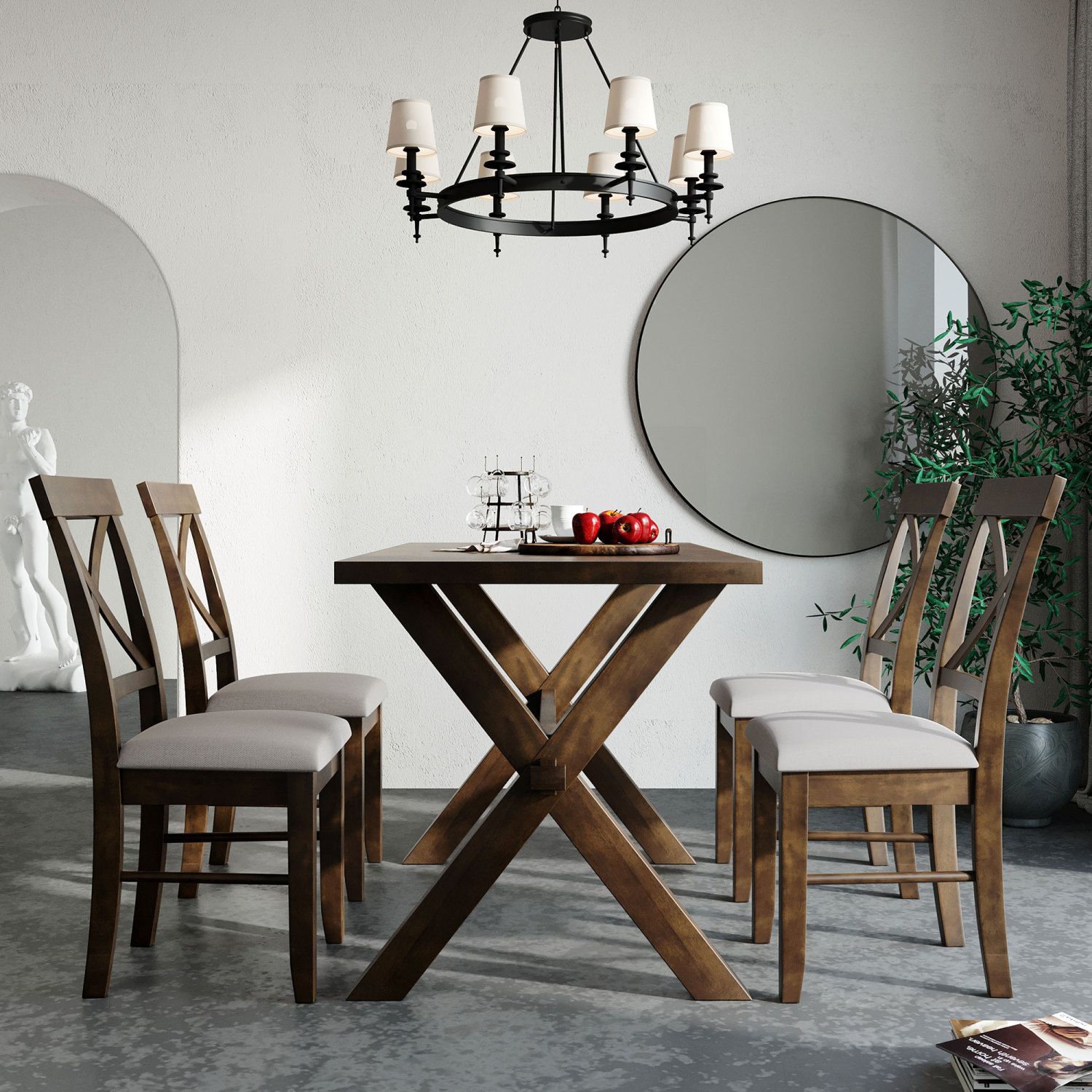 JASMODER SH000160AAD 5 Pieces Farmhouse Rustic Wood Kitchen Dining Table Set With Upholstered 4 X-Back Chairs, Brown+Beige