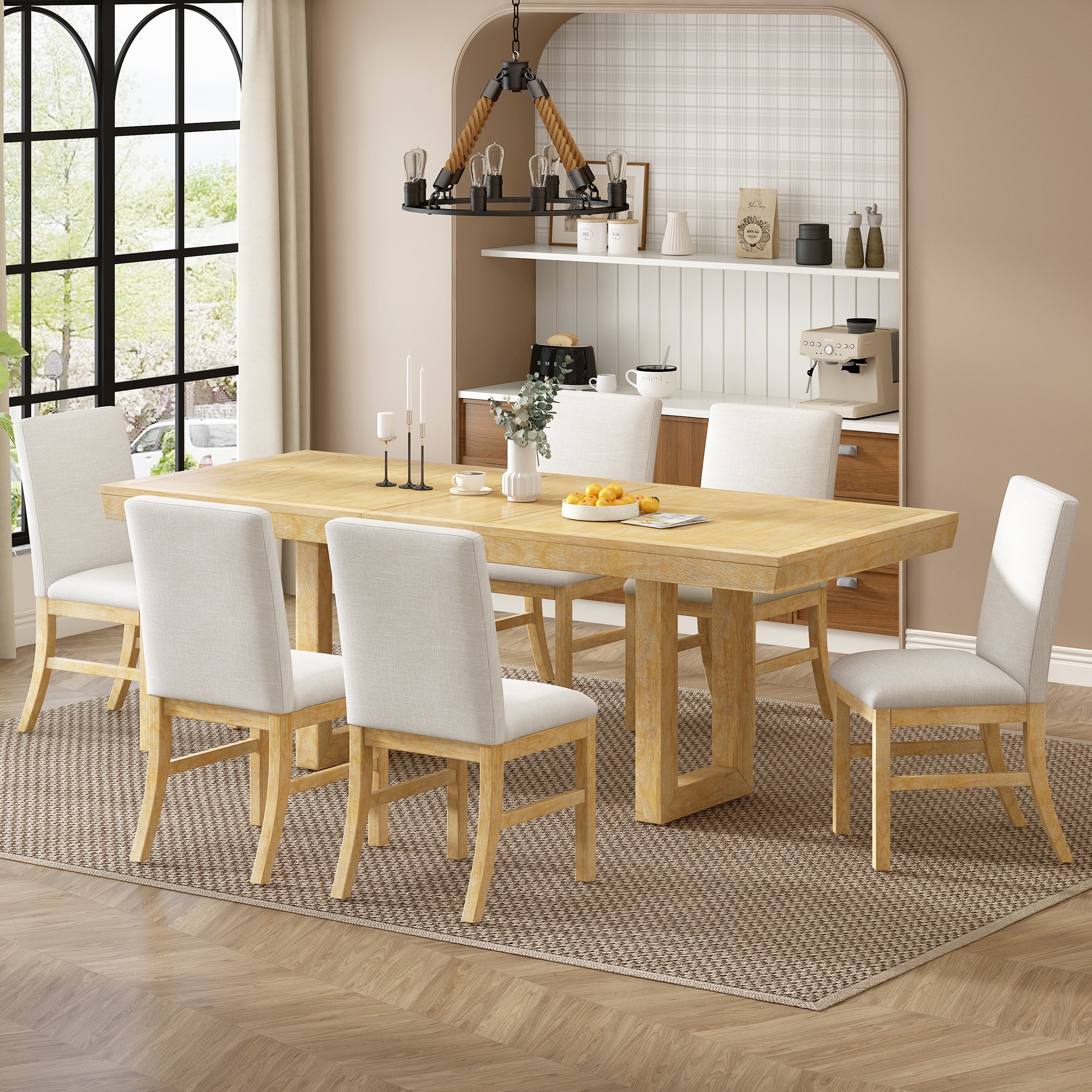 JANSNO DKSELL026 Natural Rustic Dining Room Set with Rectangular Table ( Seats 6 )