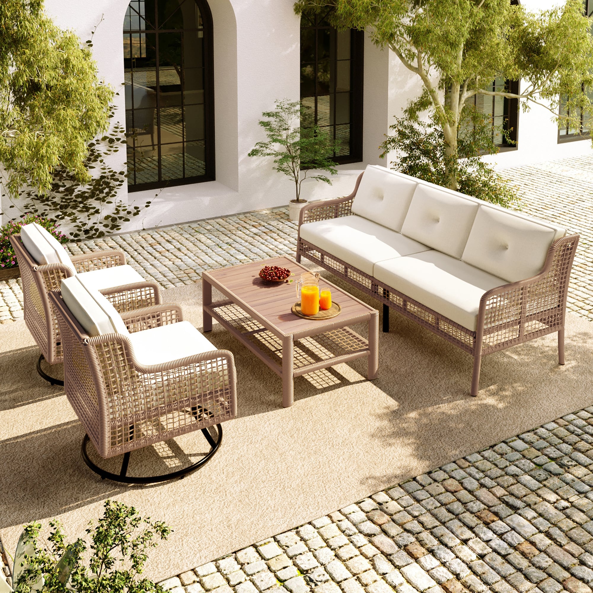 BABOOM BOM-0239ORTPX Patio Furniture Set 4 -Piece Rattan Patio Sofa Conversation Set with Beige Cushions