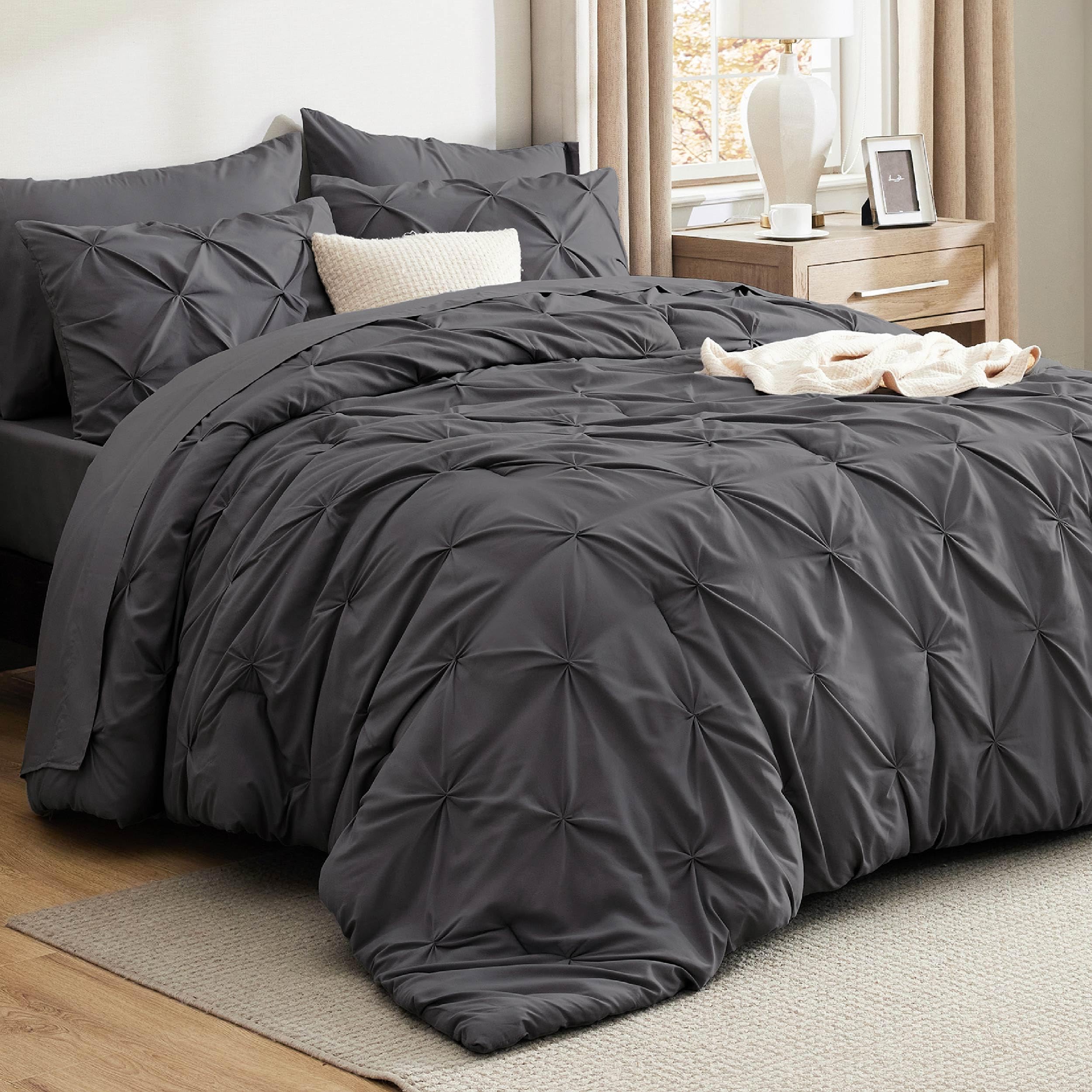 Bedsure Bed in a Bag 7 Pieces King Dark Grey Pintuck Down Alternative All Season Soft Gift for Family Sheets Pillowcases Shams Pillowcase Comforter