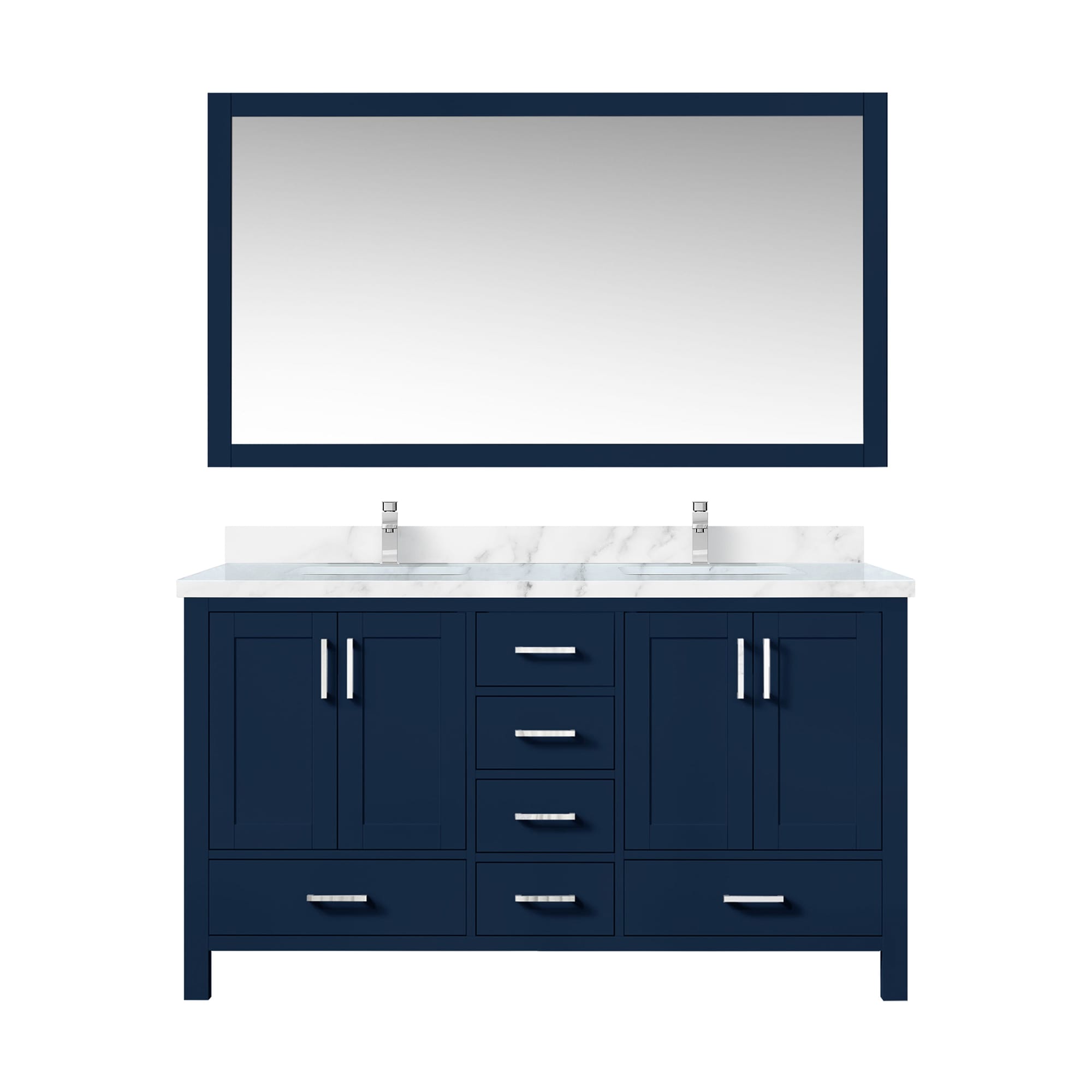 Lexora LJ342260DEDSM58F Jacques 60-in Navy Blue Undermount Double sink Bathroom Vanity with White Carrara Marble Marble Top (Mirror Included) (Faucet Included)