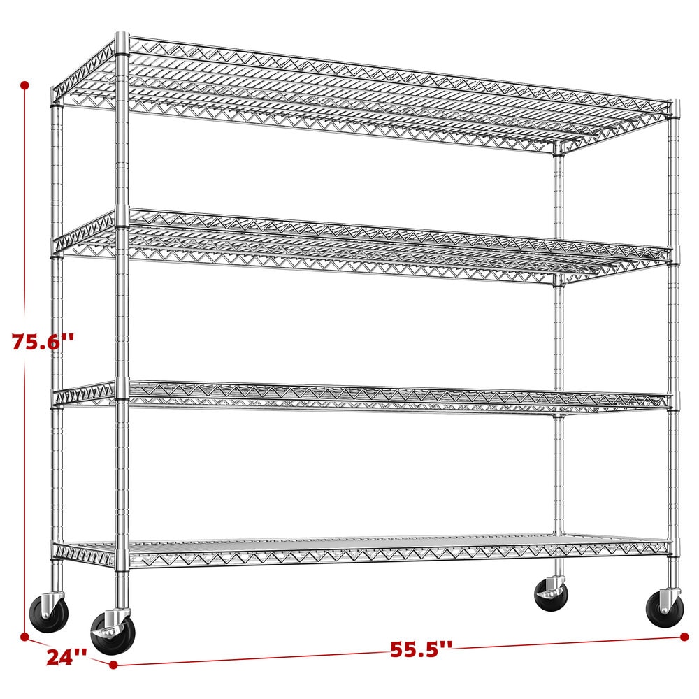 Raybee 55.5-in W x 24-in D x 75.6-in H 4-Tier Heavy Duty Chrome Metal Wire Utility Shelving Unit with Wheels