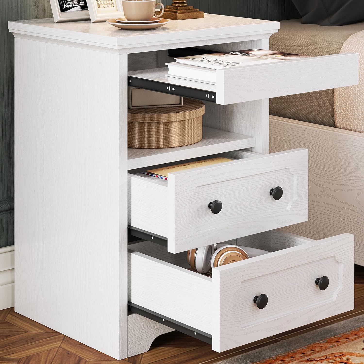 Likimio 758EIQYVR3QZWHSY 15.8-in W White Night Stand with 2 Drawers and Open Shelf