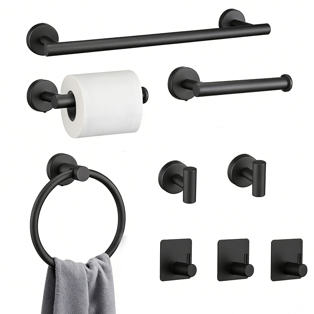 EQLOO 9 Piece Bathroom Hardware Accessories Set SUS304 Stainless Steel Wall Mount Towel Bar Toilet Paper Holder Towel Ring Coat Hooks