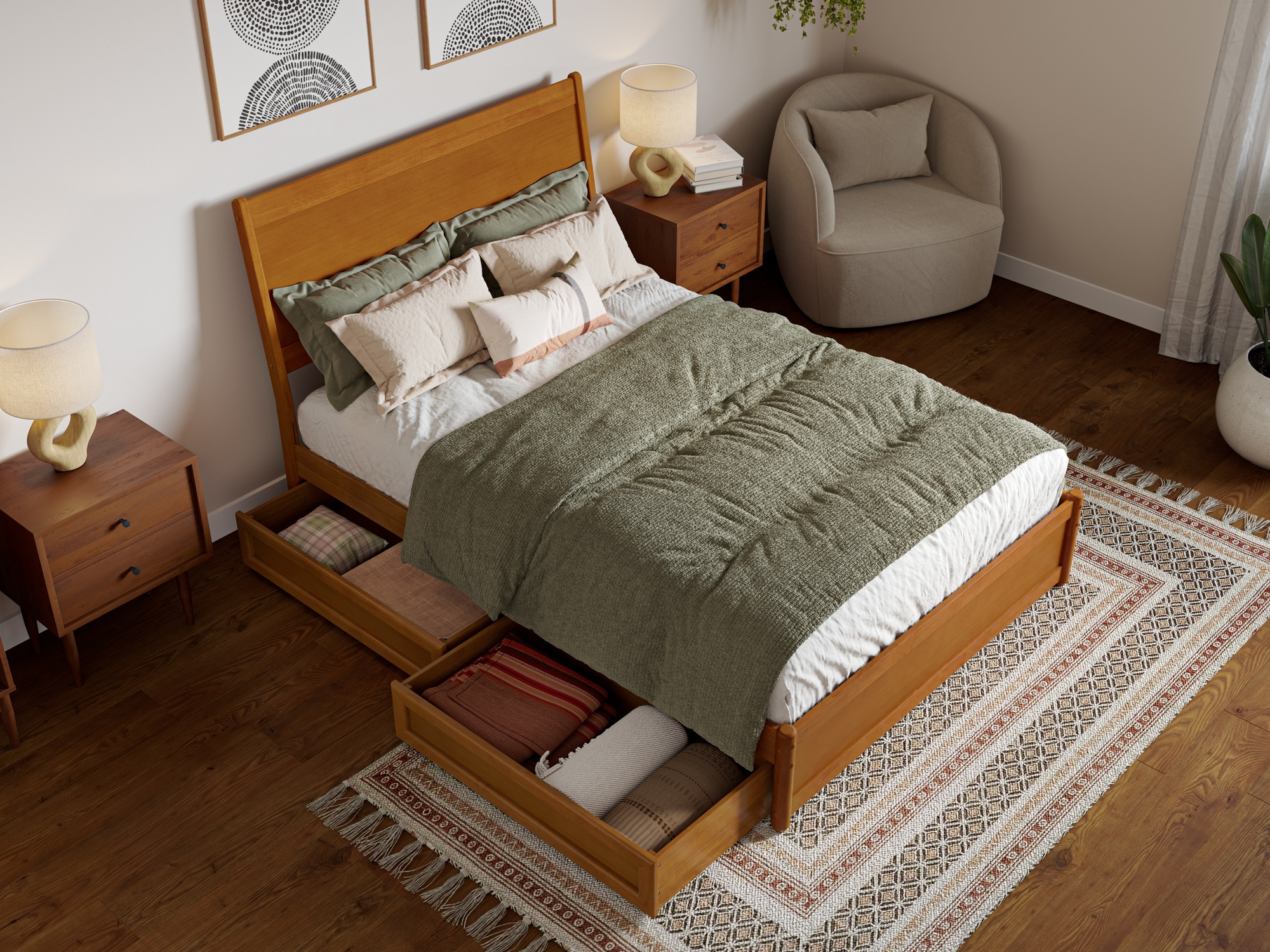 Light Toffee Full Wood Platform Bed with Storage Drawers