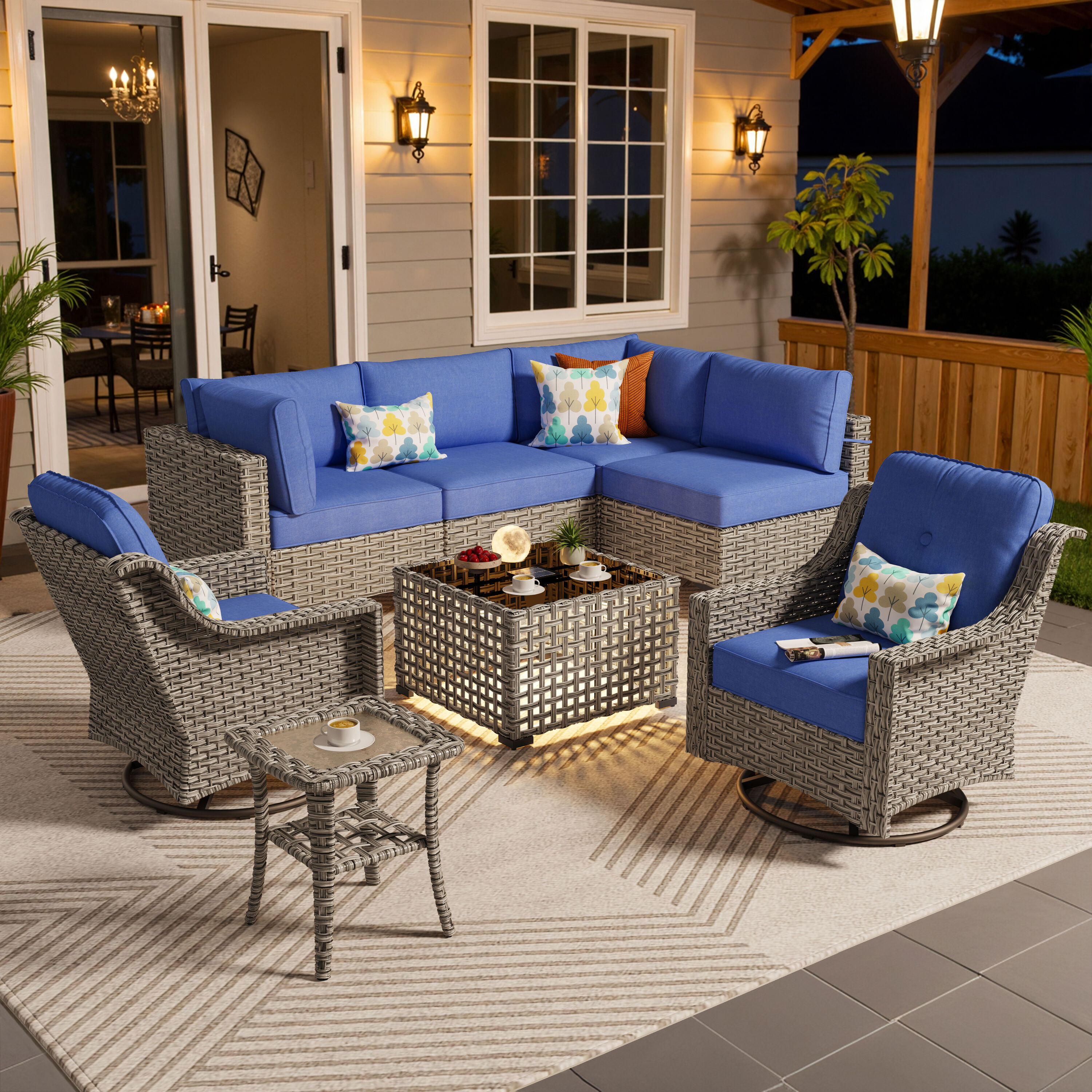 Ovios SK708YP 8 -Piece Wicker Patio Conversation Set with Blue Cushions