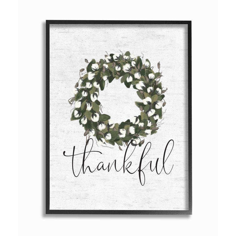 Stupell Industries AB-788-FR-16X20 Cotton Flower Country Style Wreath with Thankful Text Lettered and Lined Black Framed Wood Framed 20-Inches H x 16-Inches W Whimsical Print